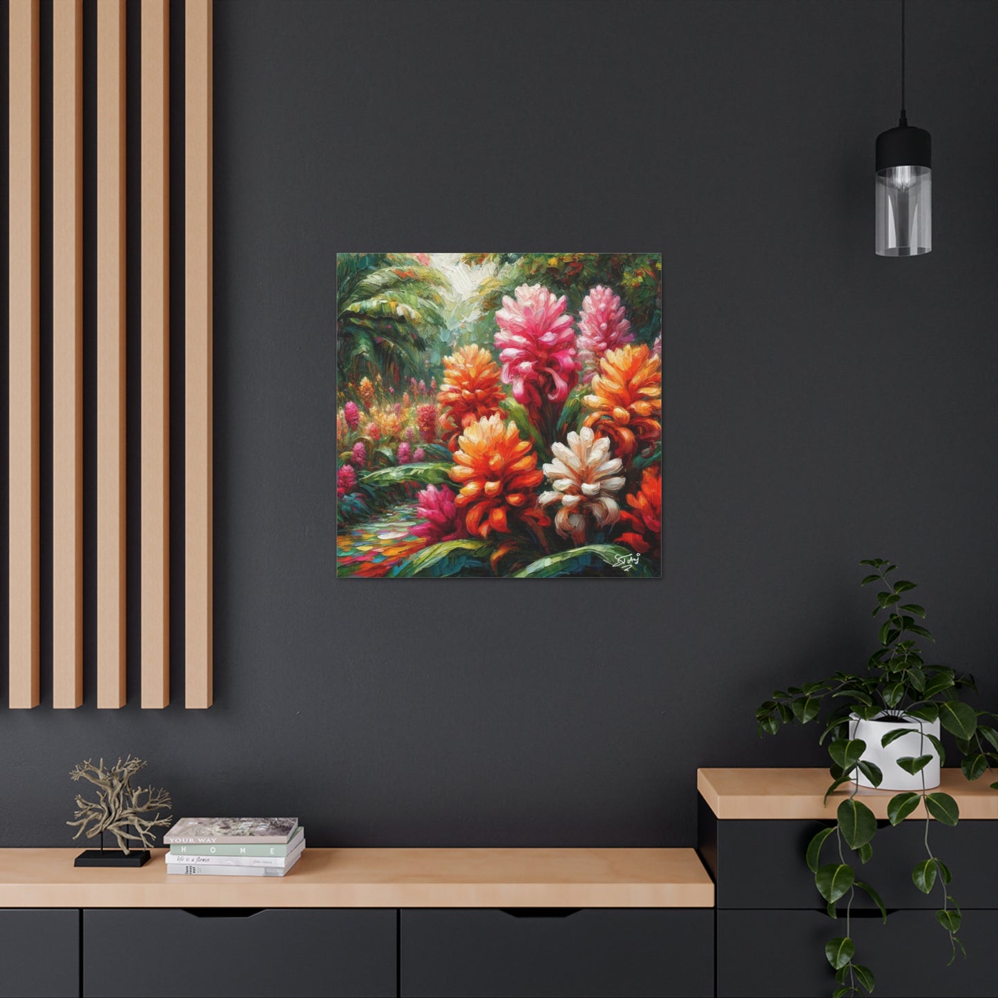 Art Print of Tropical Flower Garden, Oil Finish, West Indian Art, Canvas Gallery Wraps