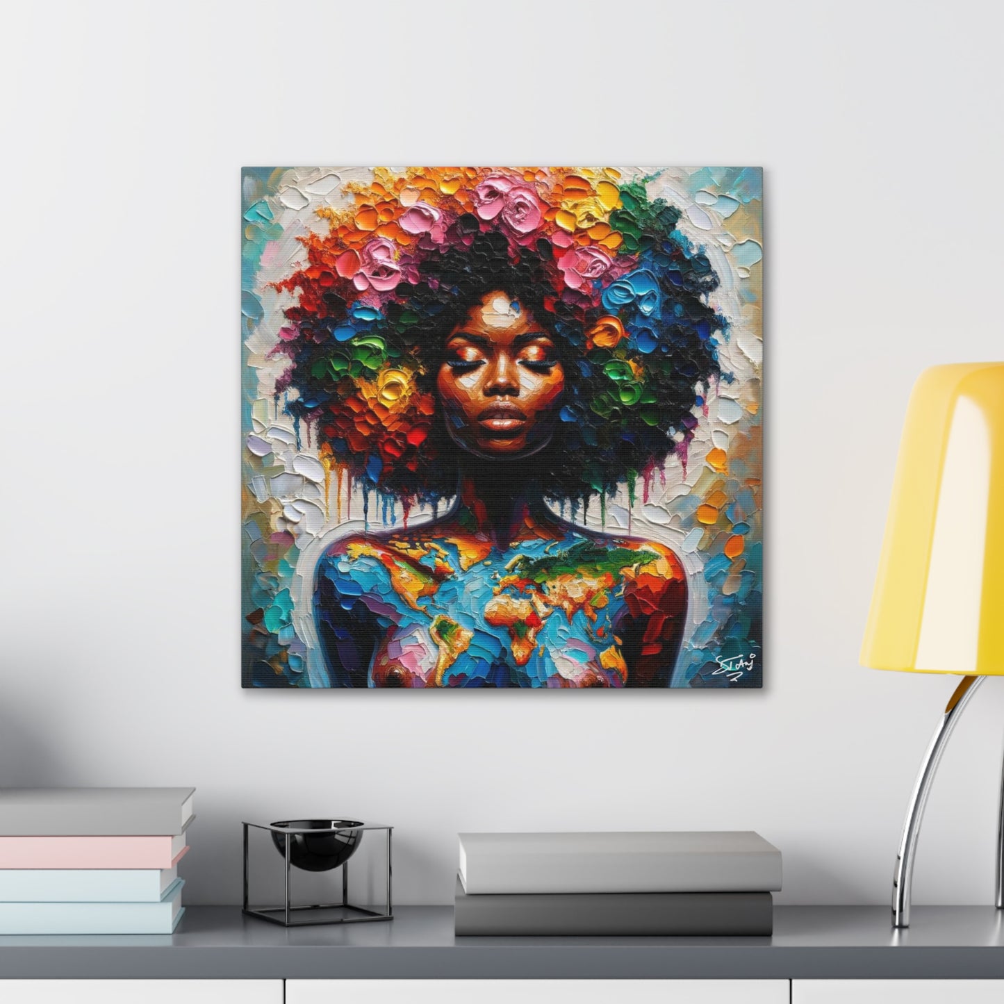 Art Print, Caribbean Woman "World Unity" Oil Finish, West Indian Ethnicity, Cultural, Heritage, Semi-Abstract, Canvas Gallery Wrap