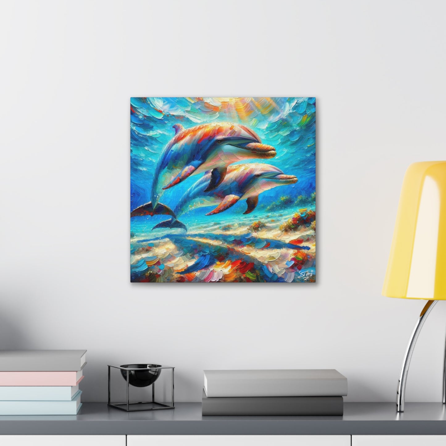 Art Print, Two Dolphins, Oil Finish, Caribbean Nature, Canvas Gallery Wrap