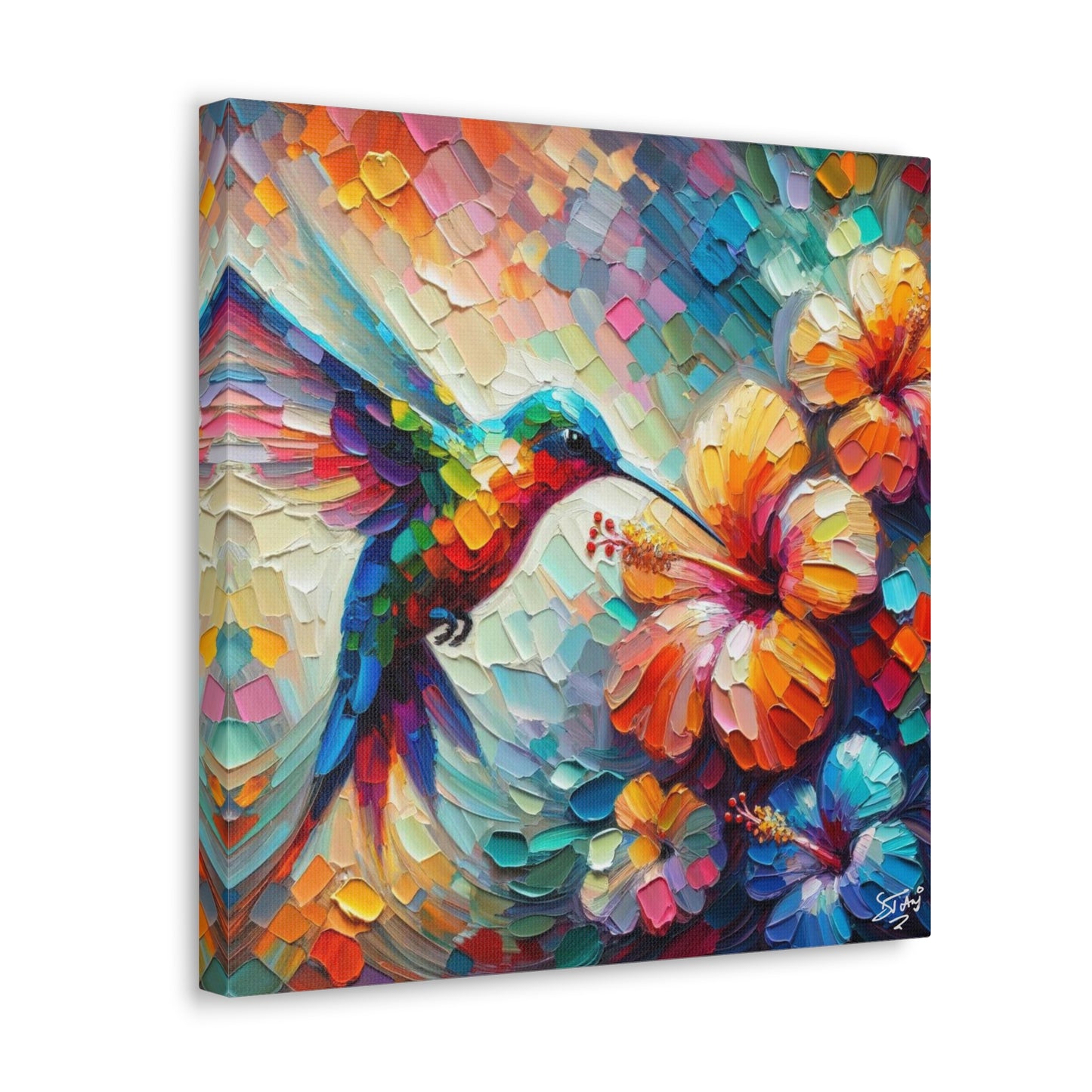 Art Print, Hummingbird on Hibiscus, Oil Finish, Caribbean Nature, Cultural, Heritage, Semi-Abstract, Canvas Gallery Wrap