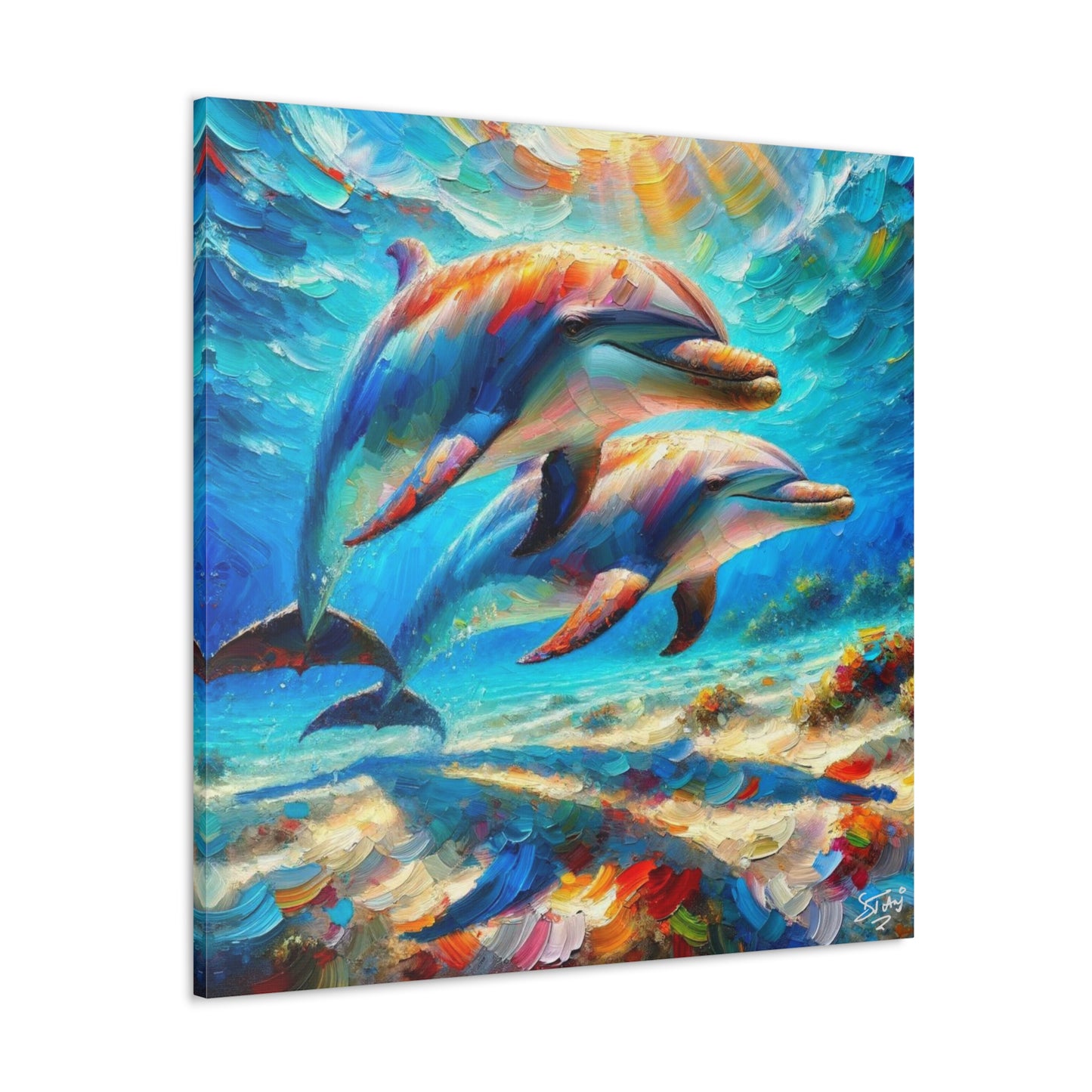 Art Print, Two Dolphins, Oil Finish, Caribbean Nature, Canvas Gallery Wrap