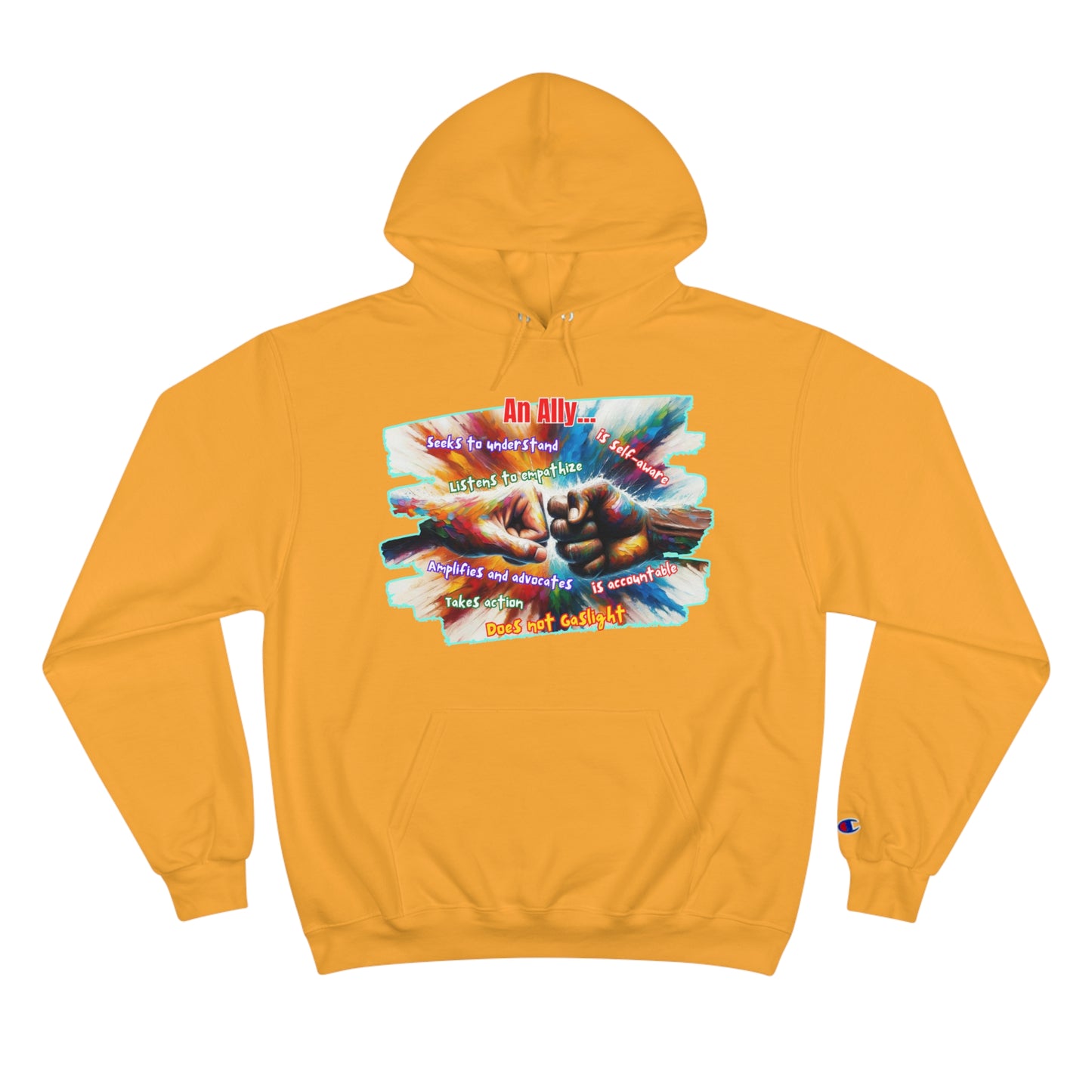 Champion Hoodie, "An Ally..." Inclusion, Anti-Racism, Racial Justice, One Love, Unity, Diversity, Immigrant Outsiders, Caribbean Culture, FashionWithPurpose, ConsciousClothing, Cultural Identity, Black Inspiration Empowerment