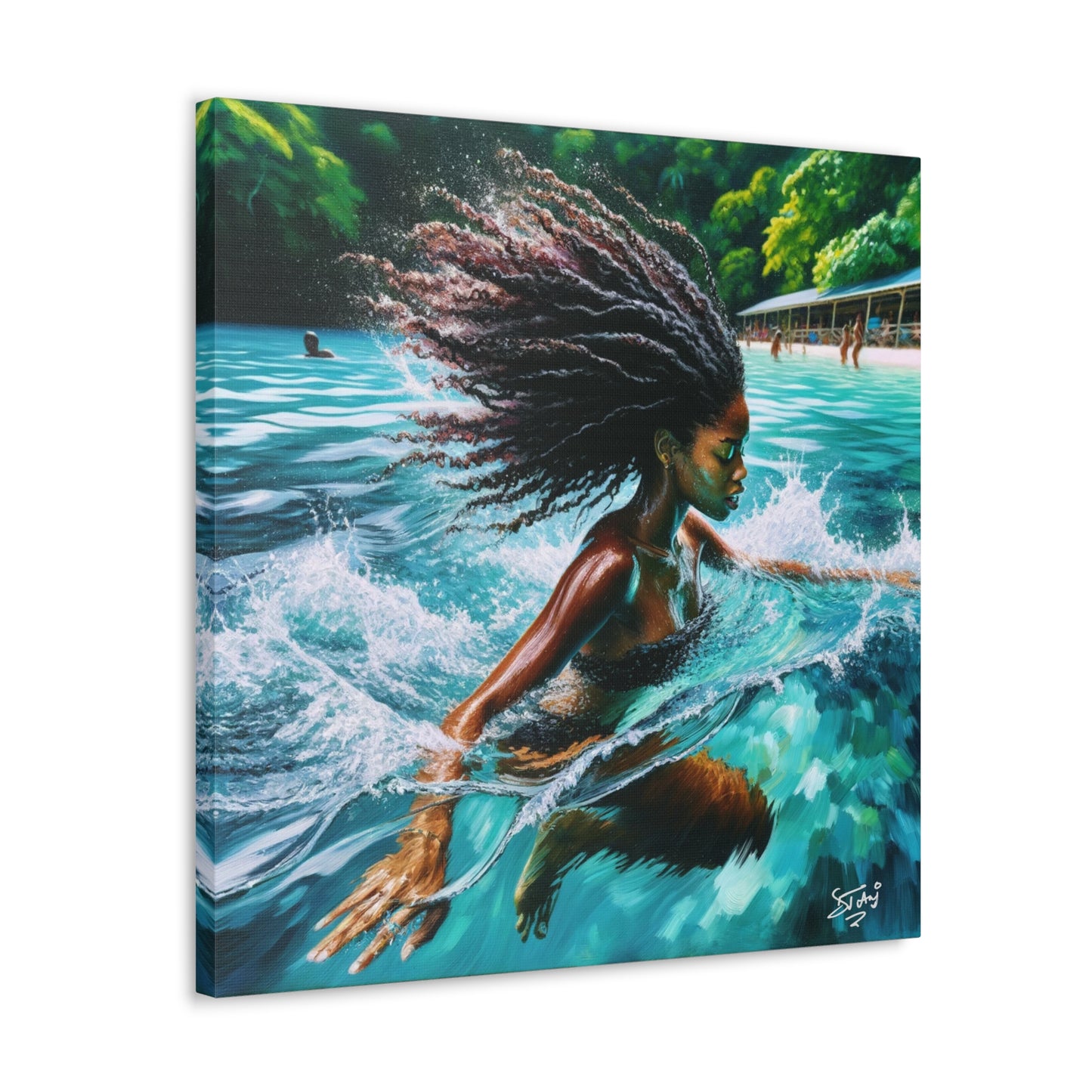 Art Print, Afro-Caribbean Woman, "Sea Bath" Abstract, Oil Finish, West Indian Ethnicity, Cultural, Heritage, Abstract, Canvas Gallery Wrap