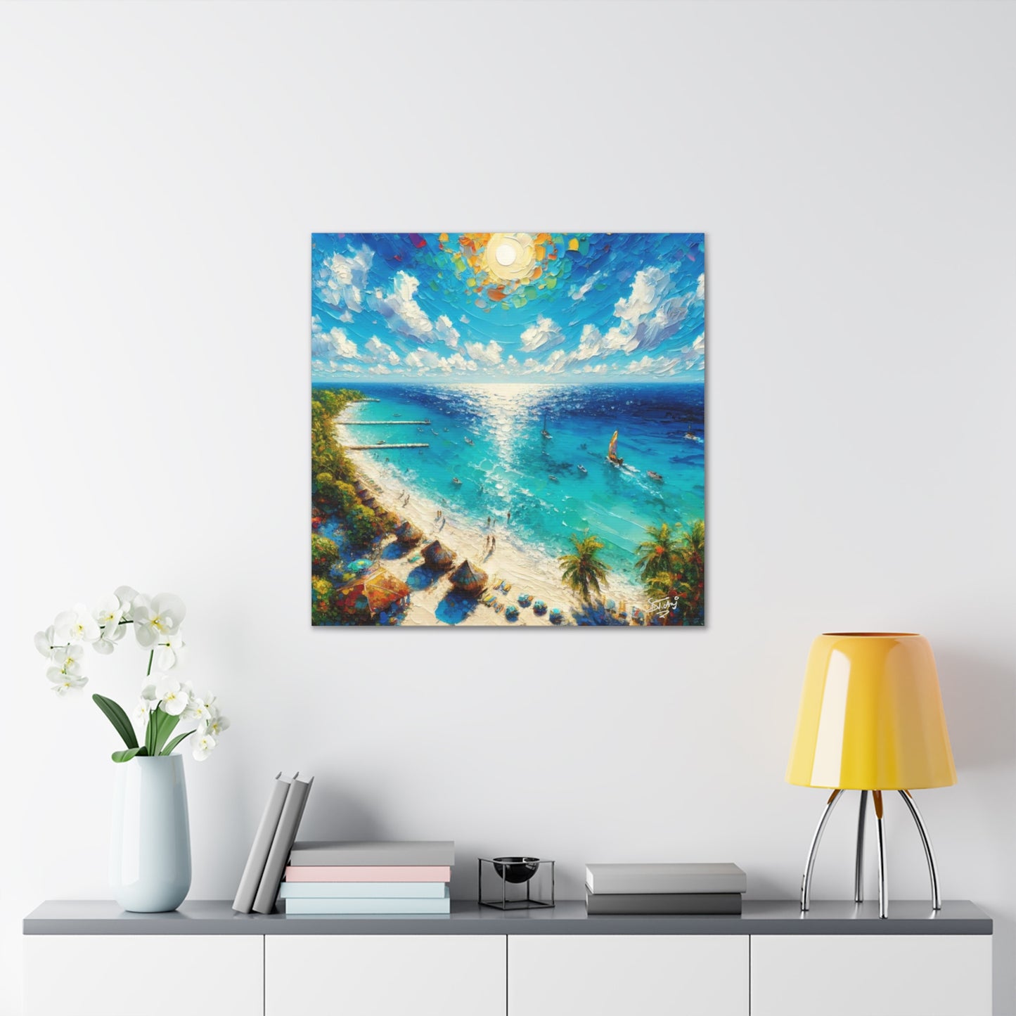 Art Print of Caribbean Beach Scene, Abstract, Oil Painting, West Indian Art, Canvas Gallery Wraps