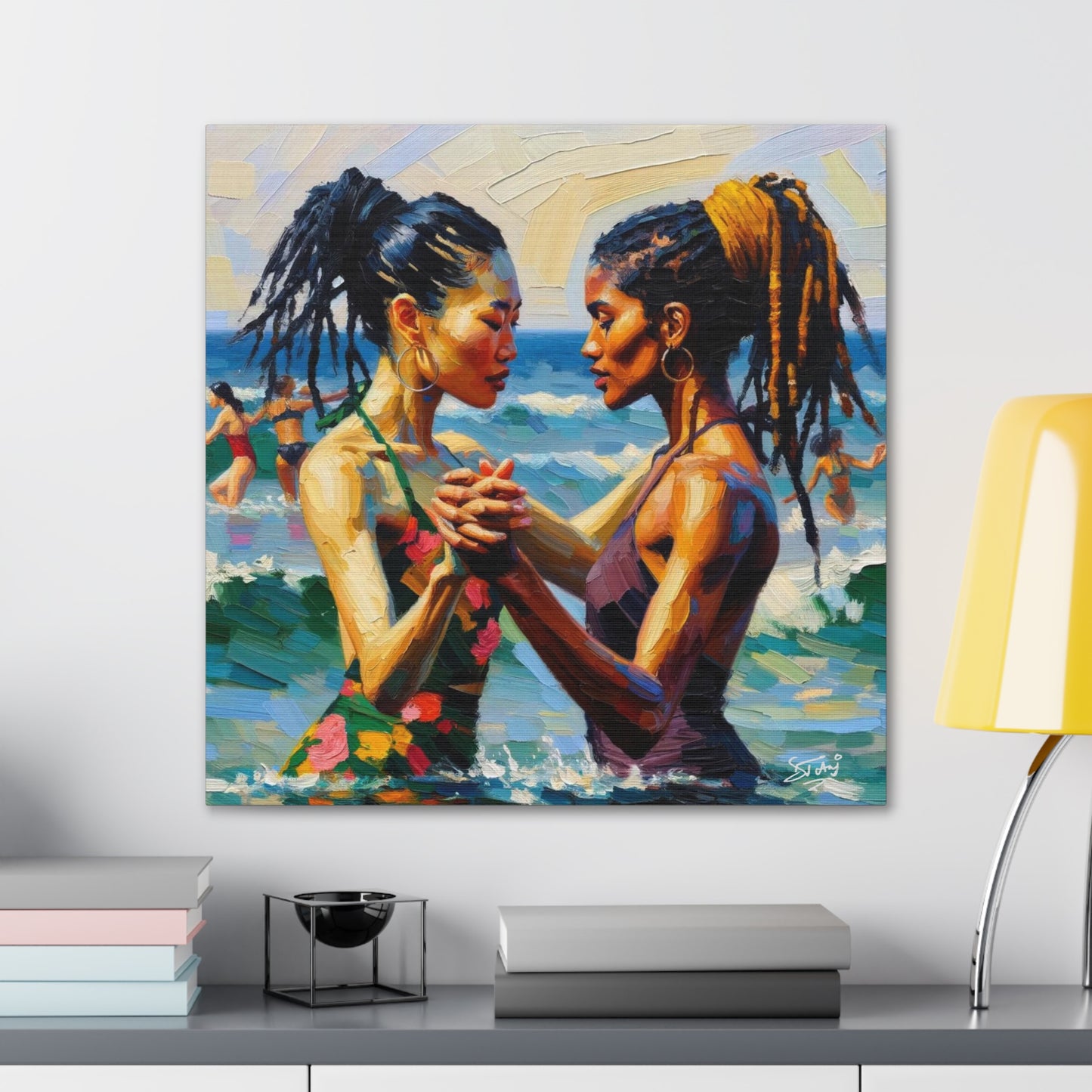 Art Print, Caribbean Couple, "In Our World" Semi-Abstract Oil Finish, West Indian Ethnicity, Cultural, Heritage, Canvas Gallery Wrap