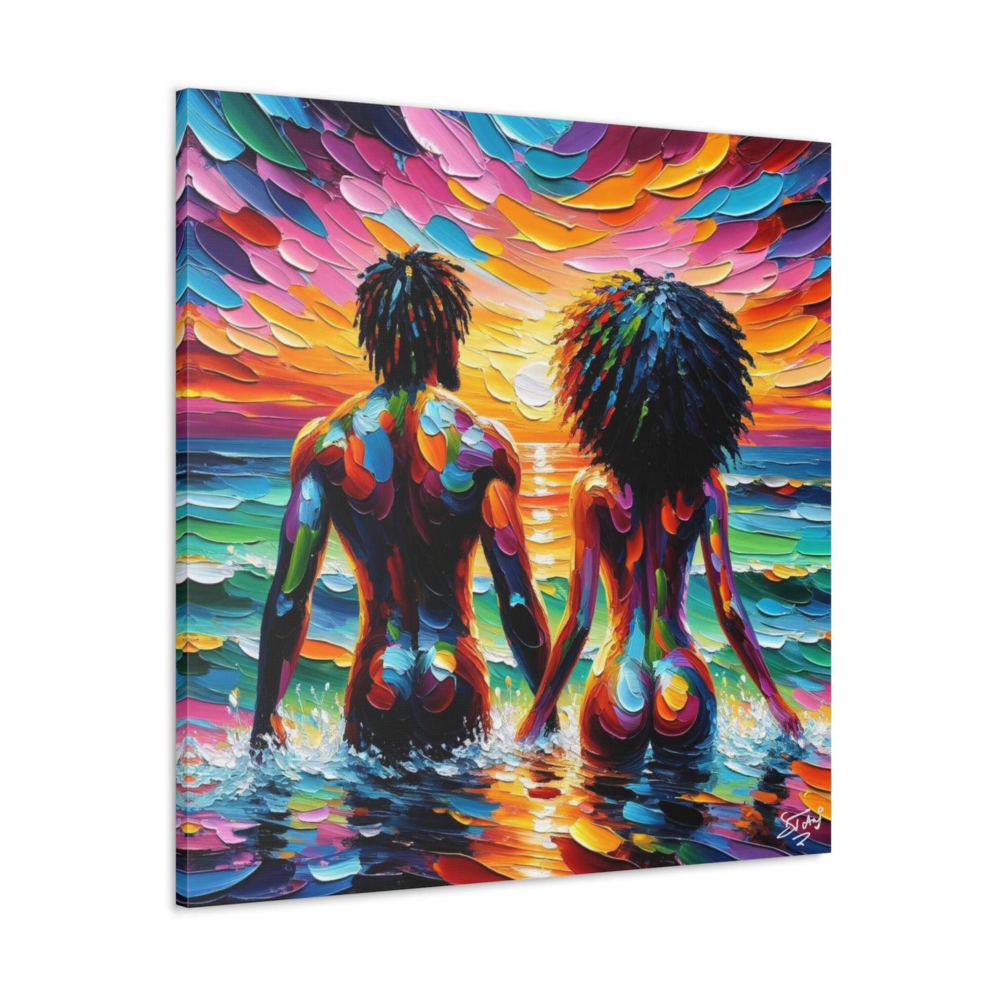 Art Print, Afro-Caribbean Couple "Skinny Dipping," Oil Finish, West Indian Ethnicity, Cultural, Heritage, Semi-Abstract, Canvas Gallery Wrap