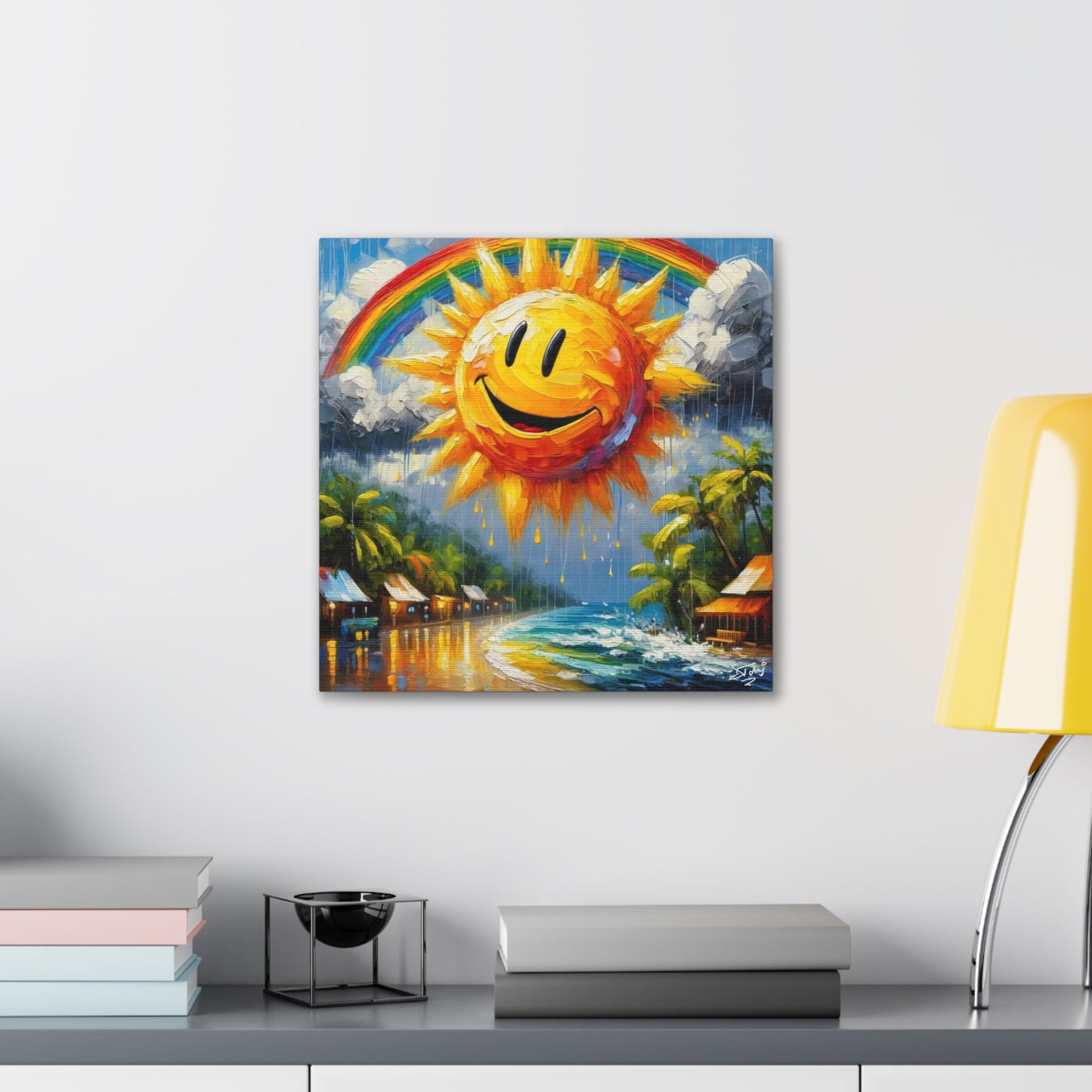 Art Print of Caribbean Beach Scene, "Sun & Rain," West Indian Art, Canvas Gallery Wraps