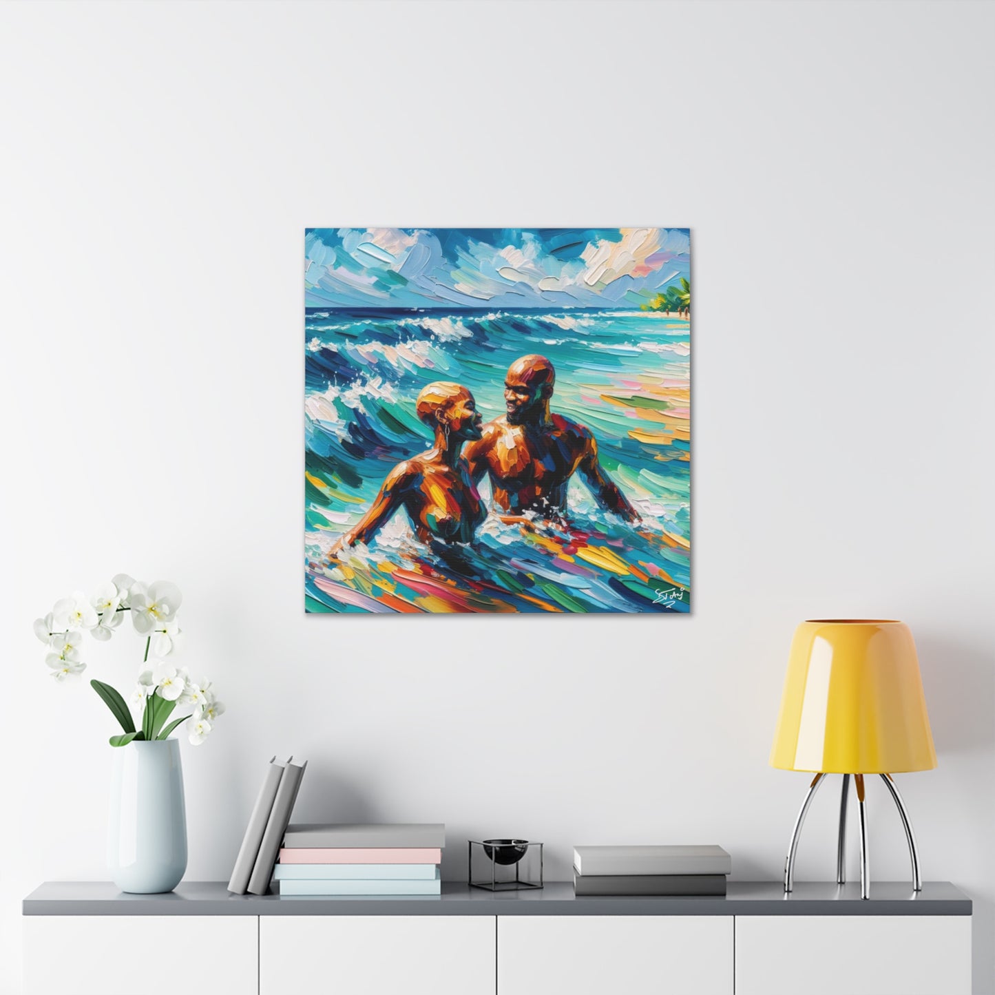 Art Print, Afro-Caribbean Couple "Skinny Dipping," Oil Finish, West Indian Ethnicity, Cultural, Heritage, Semi-Abstract, Canvas Gallery Wrap