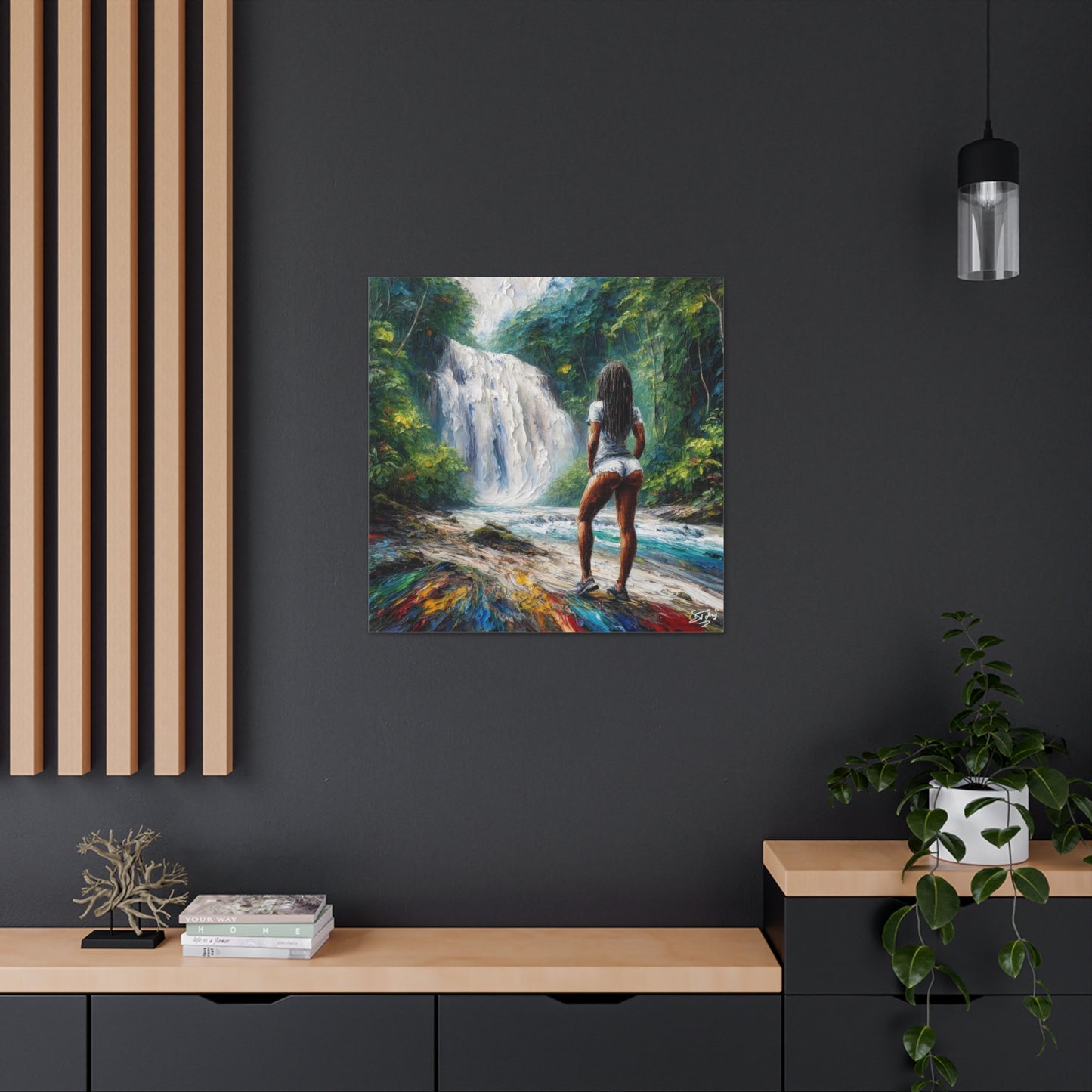 Art Print, Dougla Woman "Chilling at the Waterfall" Oil Finish, West Indian Ethnicity, Cultural, Heritage, Semi-Abstract, Canvas Gallery Wrap