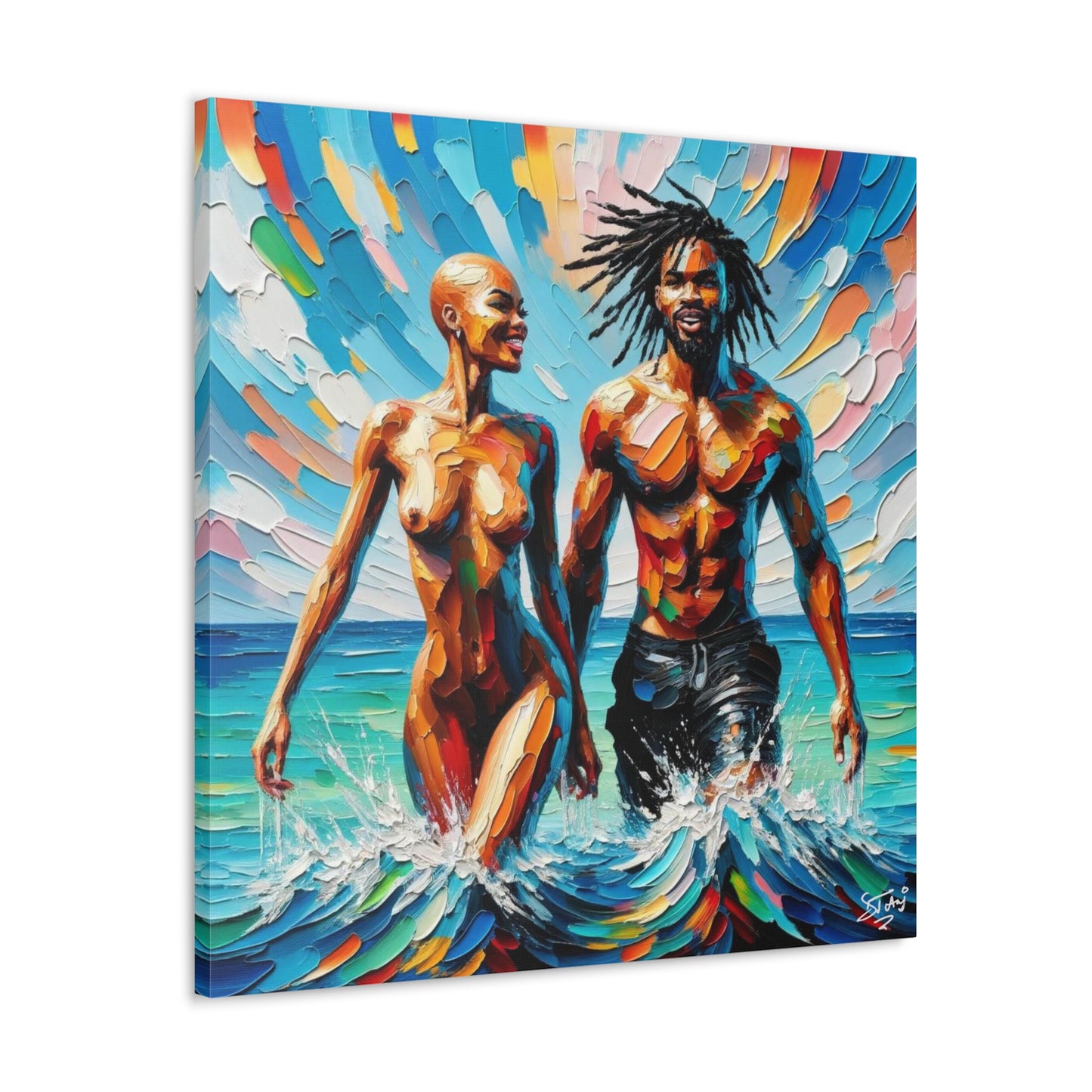 Art Print, Afro-Caribbean Couple in the Ocean, Oil Finish, West Indian Ethnicity, Cultural, Heritage, Semi-Abstract, Canvas Gallery Wrap