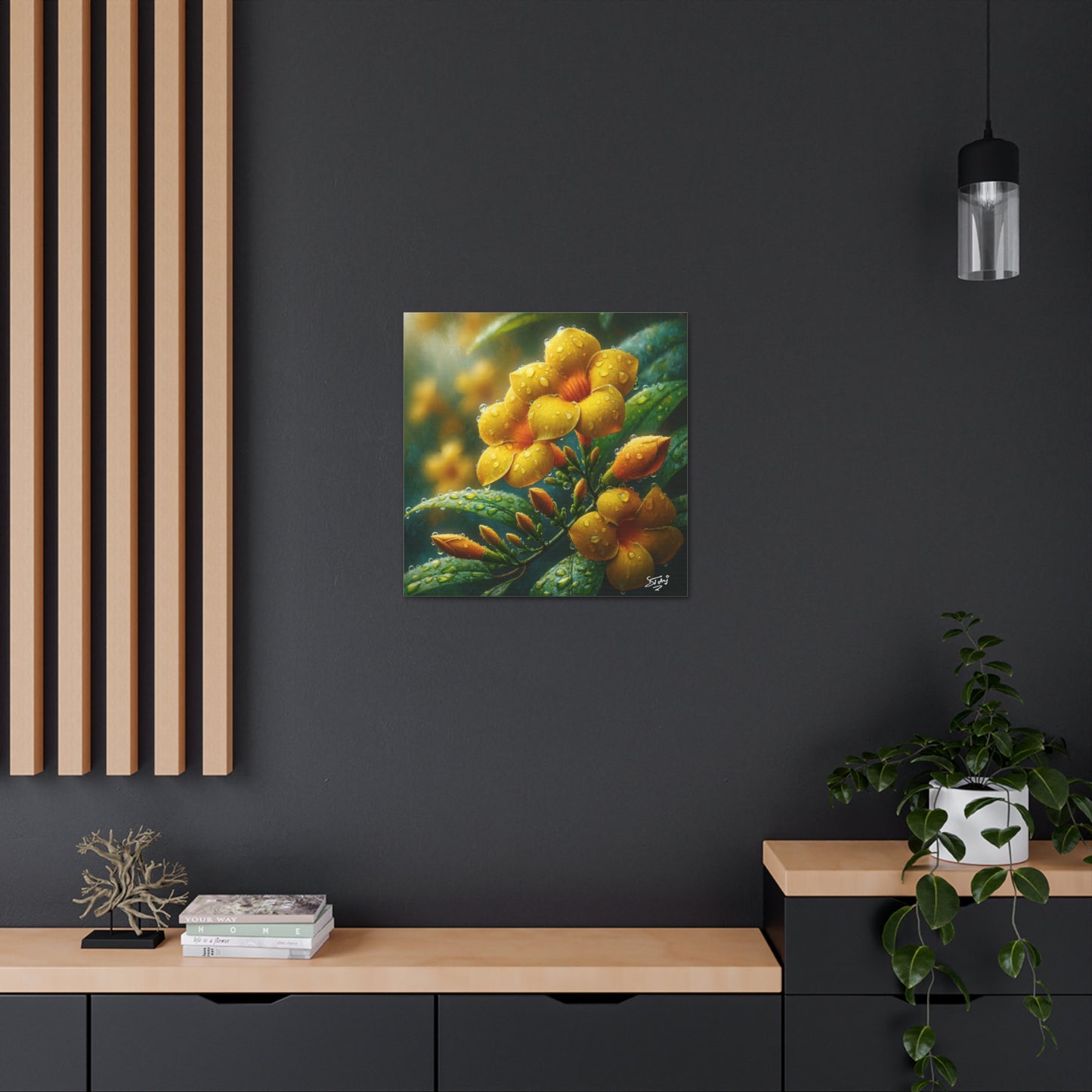 Print#2 of Yellow Allamanda Flowers in the Rain, Oil Paint Finish, Caribbean, Tropical, Canvas Gallery Wraps