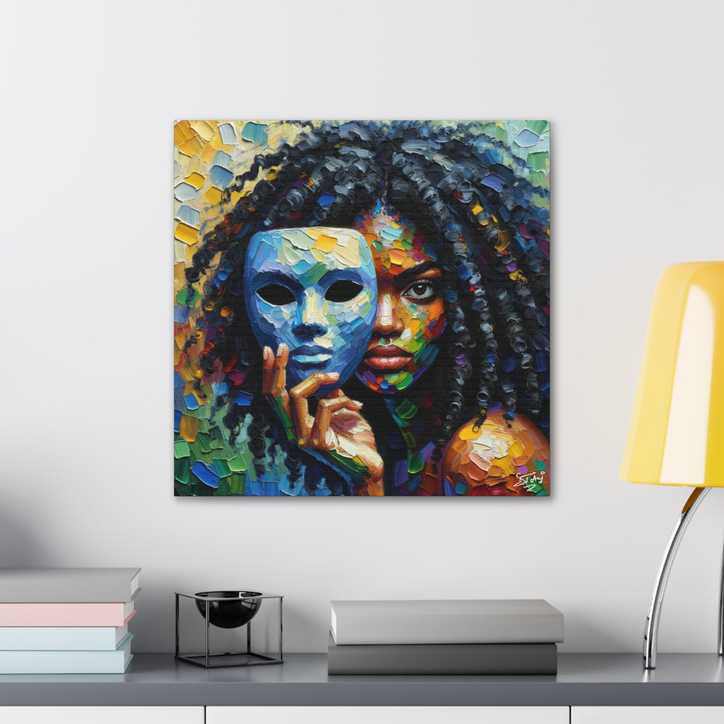 Art Print, Afro-Caribbean Woman Behind Mask, Oil Finish, West Indian Ethnicity, Cultural, Heritage, Semi-Abstract, Canvas Gallery Wrap