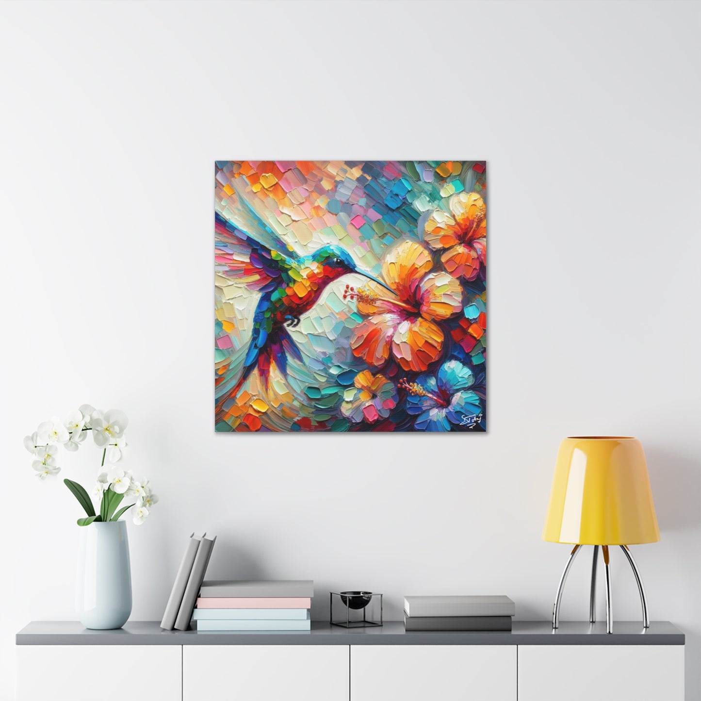 Art Print, Hummingbird on Hibiscus, Oil Finish, Caribbean Nature, Cultural, Heritage, Semi-Abstract, Canvas Gallery Wrap