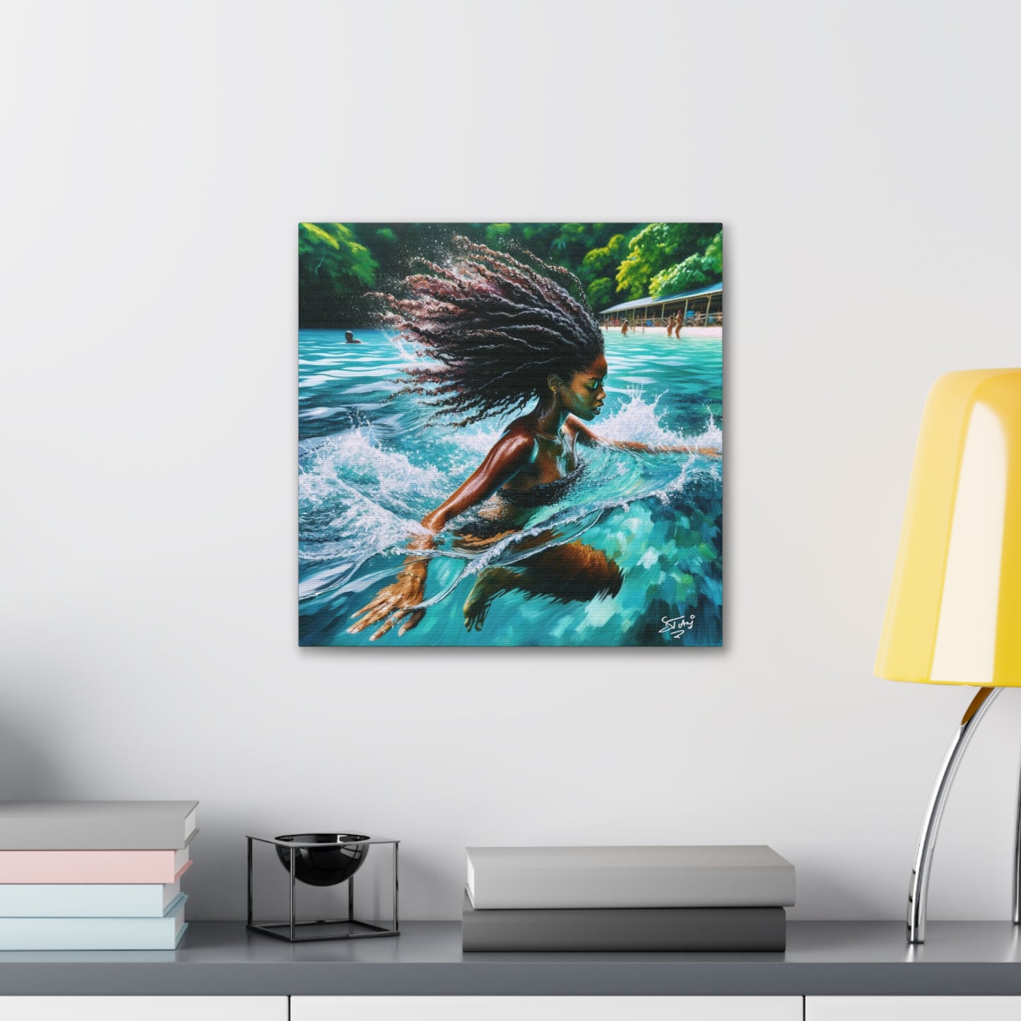 Art Print, Afro-Caribbean Woman, "Sea Bath" Abstract, Oil Finish, West Indian Ethnicity, Cultural, Heritage, Abstract, Canvas Gallery Wrap