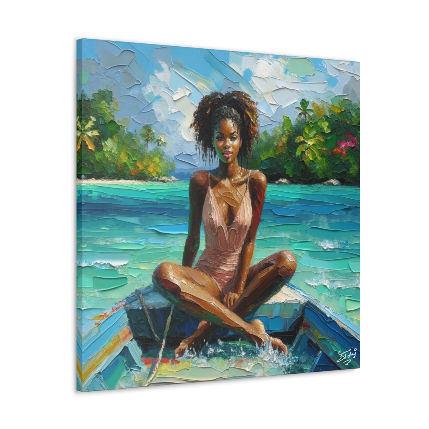 Art Print, Caribbean Woman "Chilling in the Boat" Oil Finish, West Indian Ethnicity, Cultural, Heritage, Semi-Abstract, Canvas Gallery Wrap