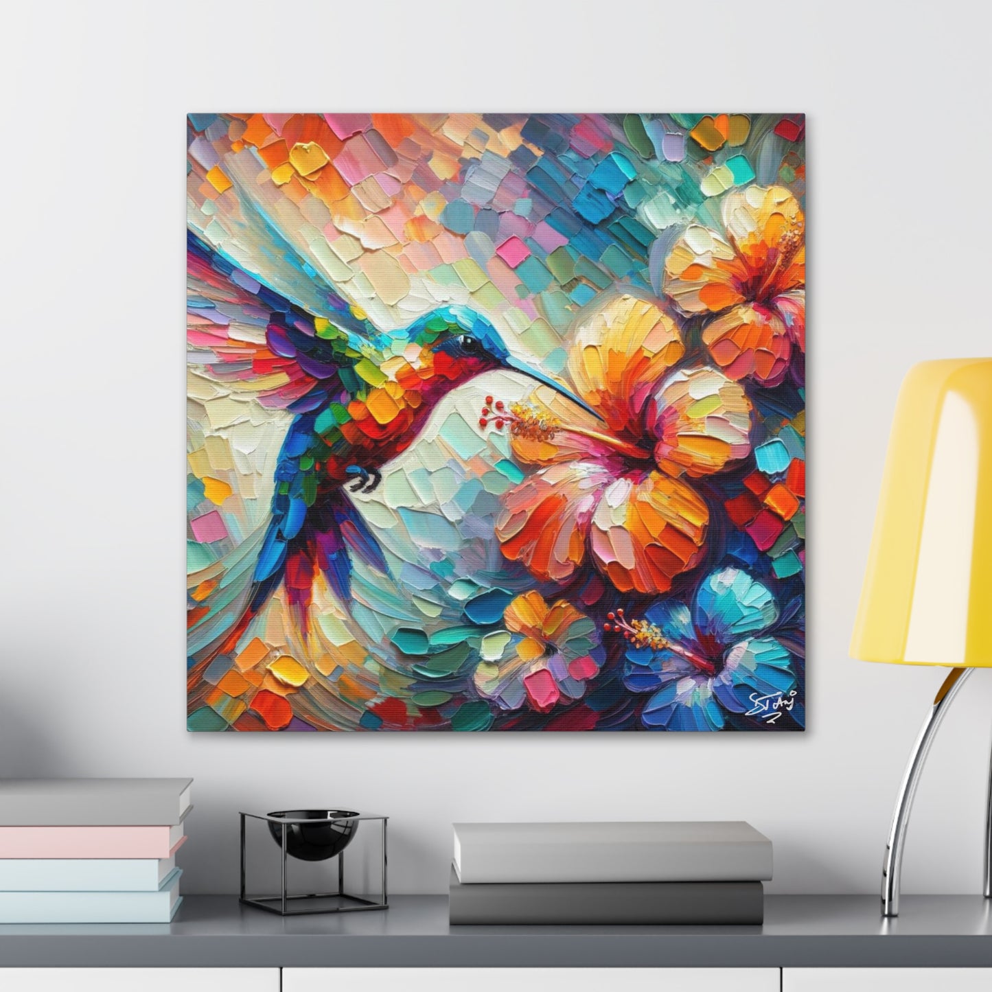 Art Print, Hummingbird on Hibiscus, Oil Finish, Caribbean Nature, Cultural, Heritage, Semi-Abstract, Canvas Gallery Wrap