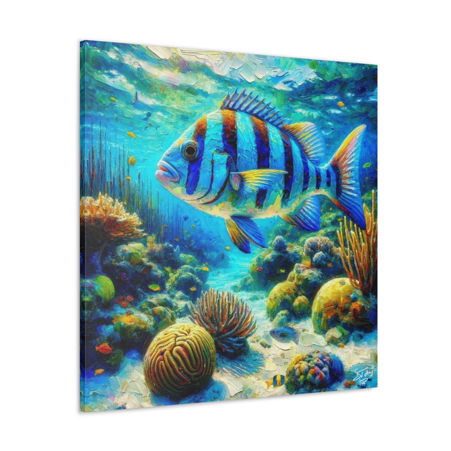 Art Print, Blue-Striped Grunt Fish in Coral Reef, Oil Finish, Caribbean Nature, Semi-Abstract, Canvas Gallery Wrap