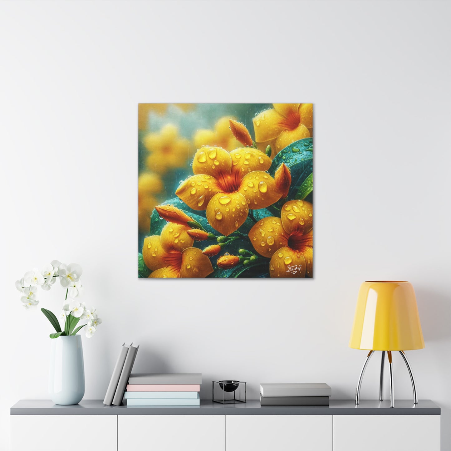 Print of Yellow Allamanda Flowers in the Rain, Oil Paint Finish, Caribbean, Tropical, Canvas Gallery Wraps