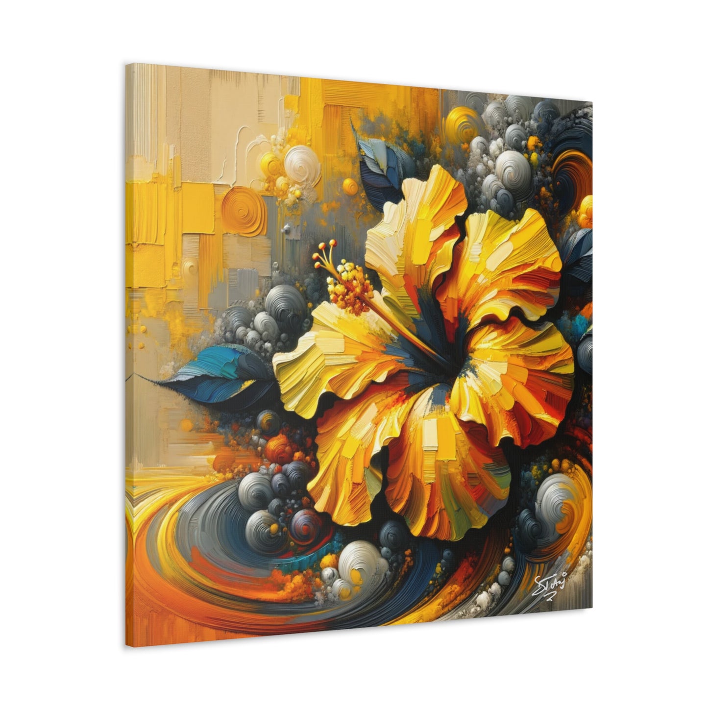 Oil Print#2 of a Yellow Hibiscus Flower, Close-up View, Semi-abstract, Caribbean, Vibrant Vivid Colors, Canvas Gallery Wraps