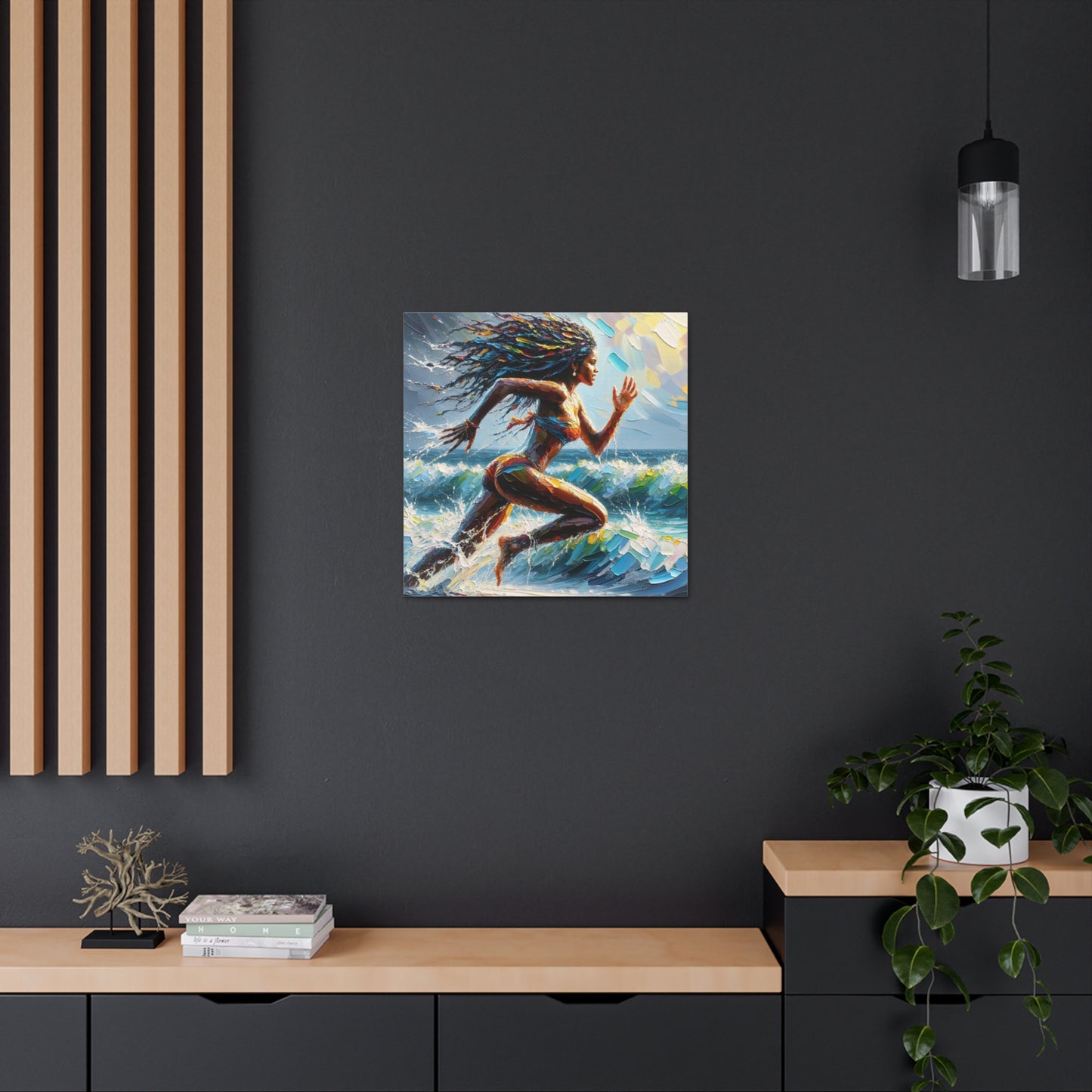 Art Print#3, East Indian Woman from Trinidad running into the Atlantic Ocean, Caribbean, Oil Finish, West Indian Art, Canvas Gallery Wraps