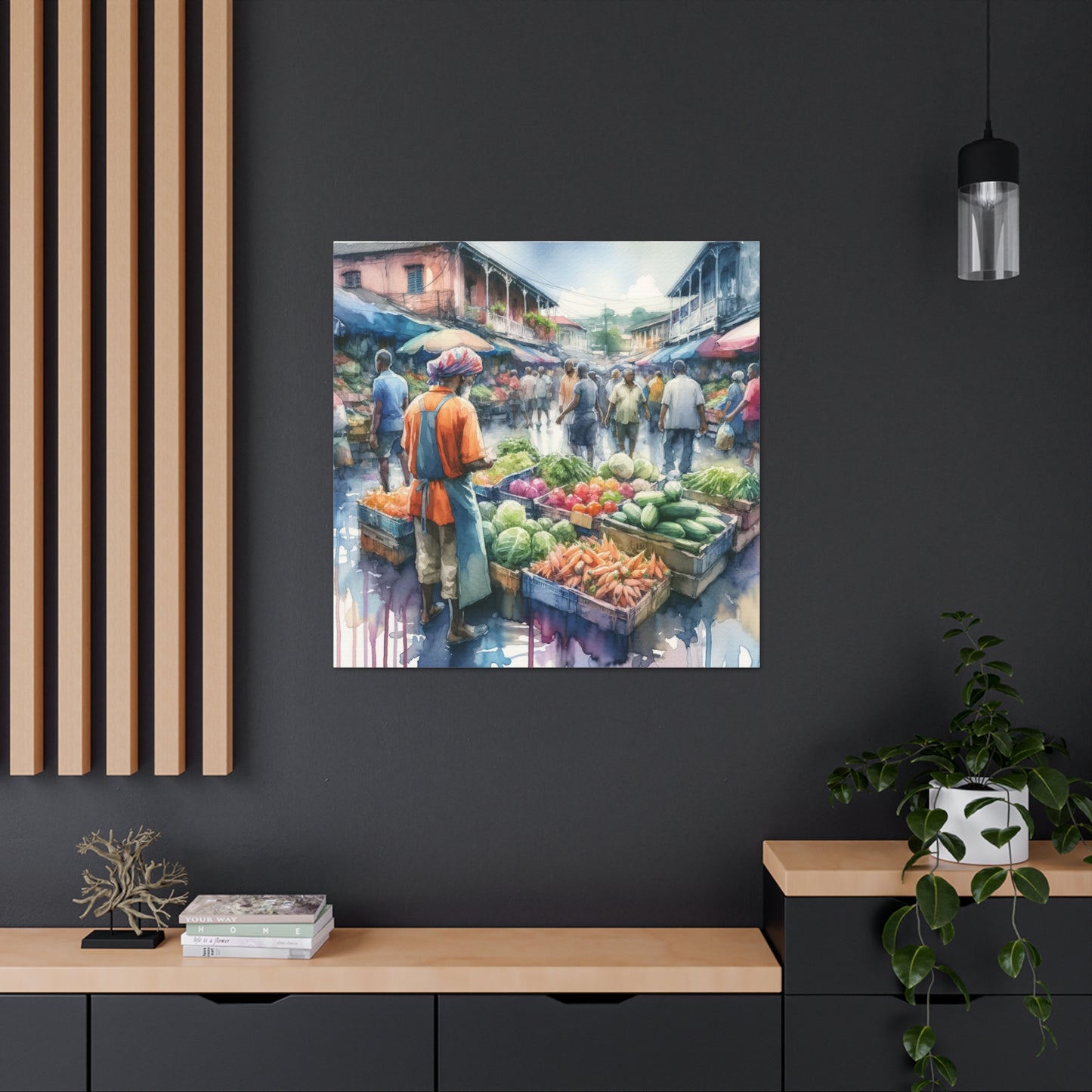 Art Print#2, "Selling at the Market", Market Scene in Trinidad, Caribbean, Watercolor Finish, West Indian Art, Canvas Gallery Wraps