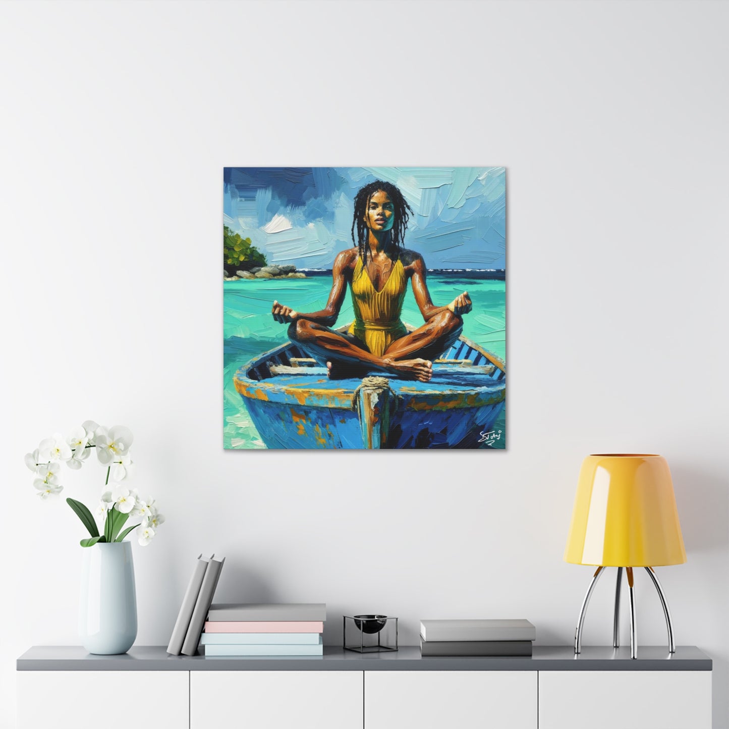 Art Print, Afro-Caribbean Woman "Chilling in the Boat (4)" Oil Finish, West Indian Ethnicity, Cultural, Heritage, Semi-Abstract, Canvas Gallery Wrap