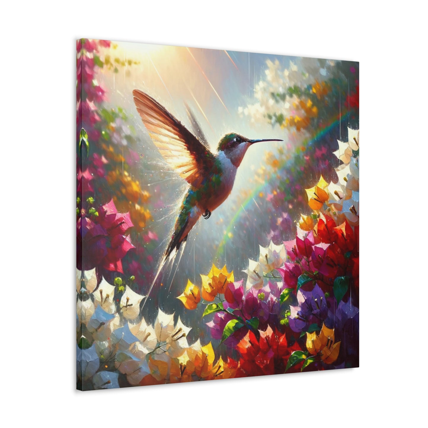 Art Print#3 of Hummingbird in Flight...in the Sun and Rain, Bougainvillea, Caribbean, Oil Finish, West Indian Art, Canvas Gallery Wraps