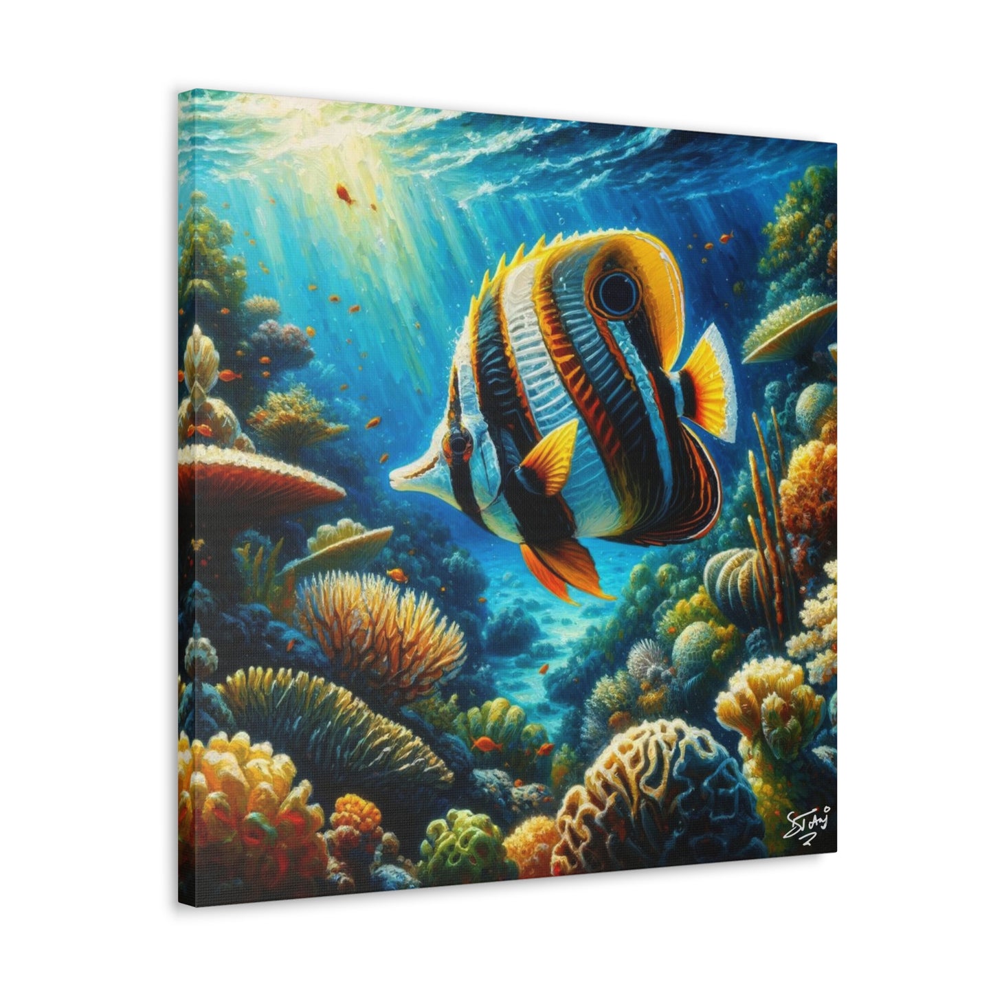 Art Print, Banded Butterflyfish in Coral Reef, Oil Finish, Caribbean Nature, Semi-Abstract, Canvas Gallery Wrap