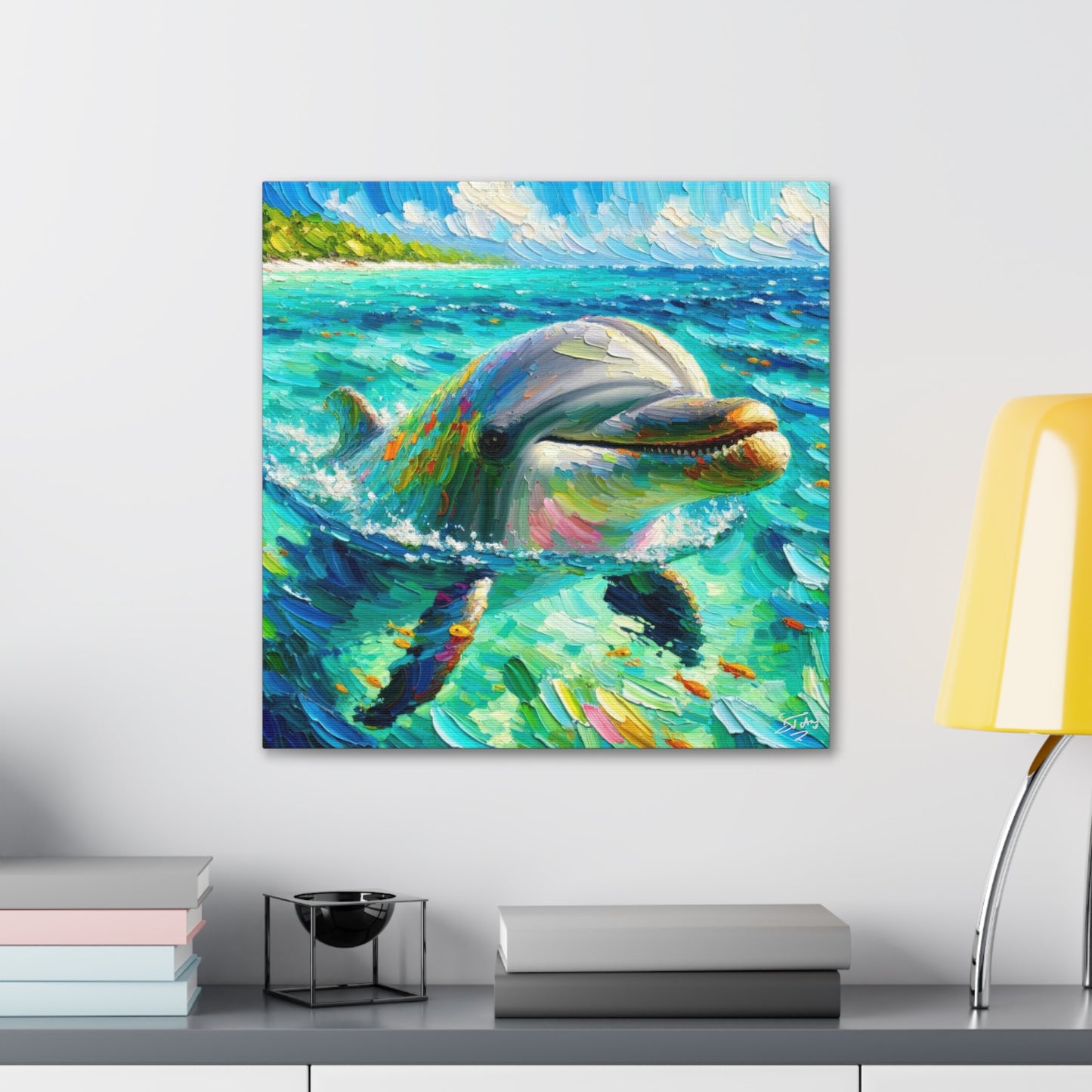 Art Print, Dolphin in Caribbean Sea, Oil Finish, Caribbean Nature, Canvas Gallery Wrap