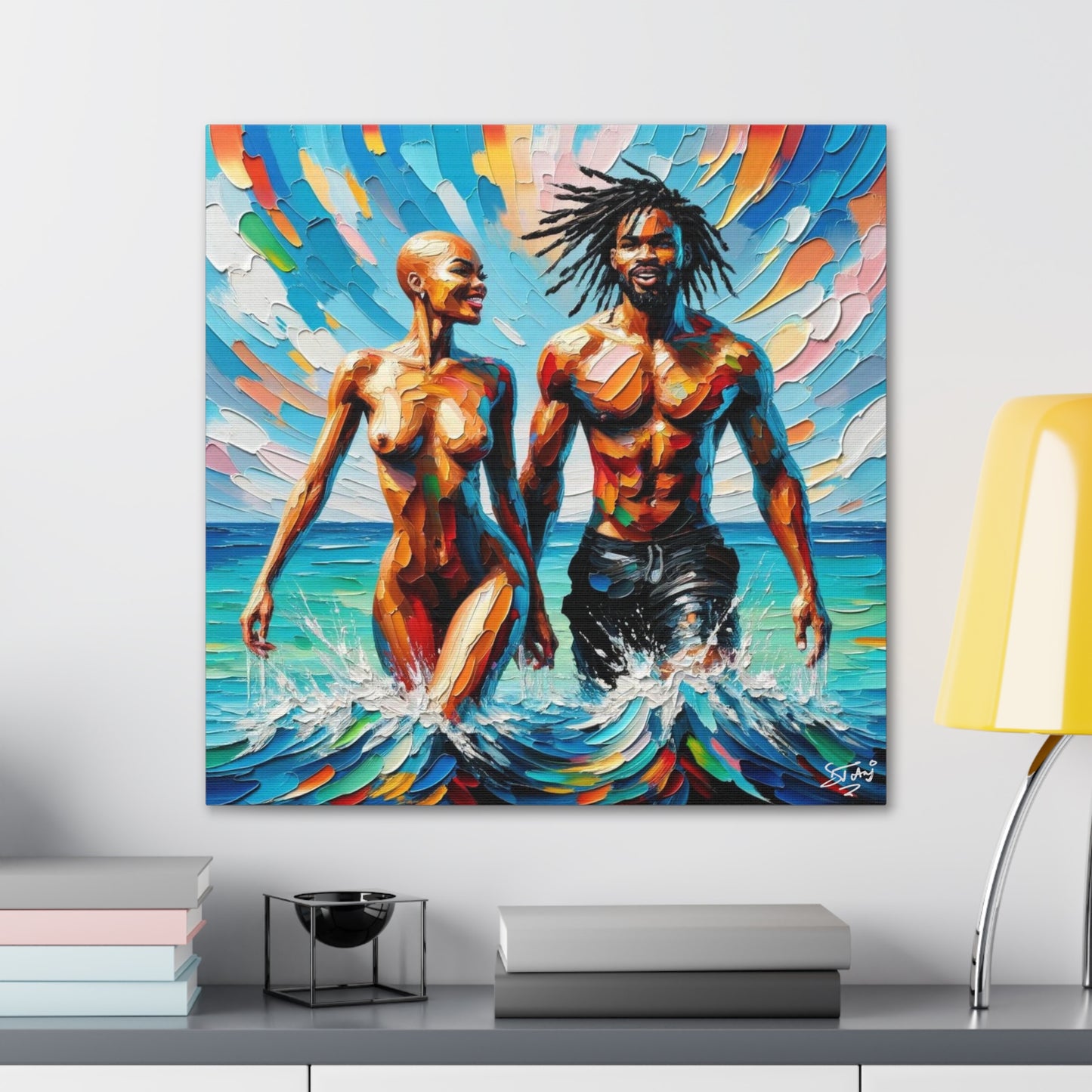 Art Print, Afro-Caribbean Couple in the Ocean, Oil Finish, West Indian Ethnicity, Cultural, Heritage, Semi-Abstract, Canvas Gallery Wrap