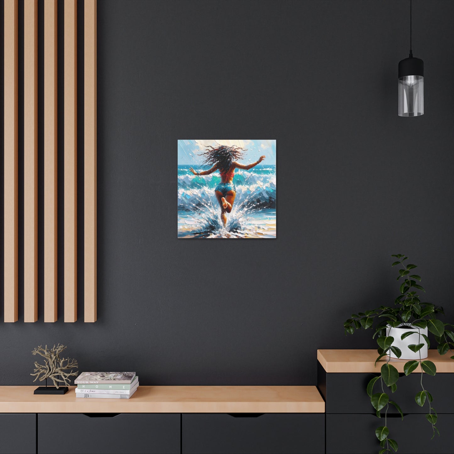 Art Print, East Indian Woman from Trinidad running into the Atlantic Ocean, Caribbean, Oil Finish, West Indian Art, Canvas Gallery Wraps