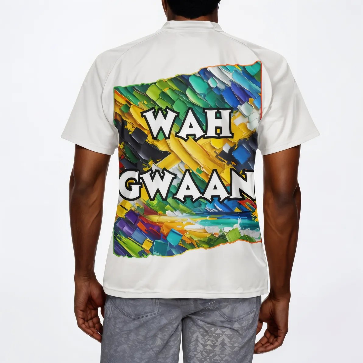 Men's V-Neck Polyester T-Shirt "Bless Up, Wah Gwaan"