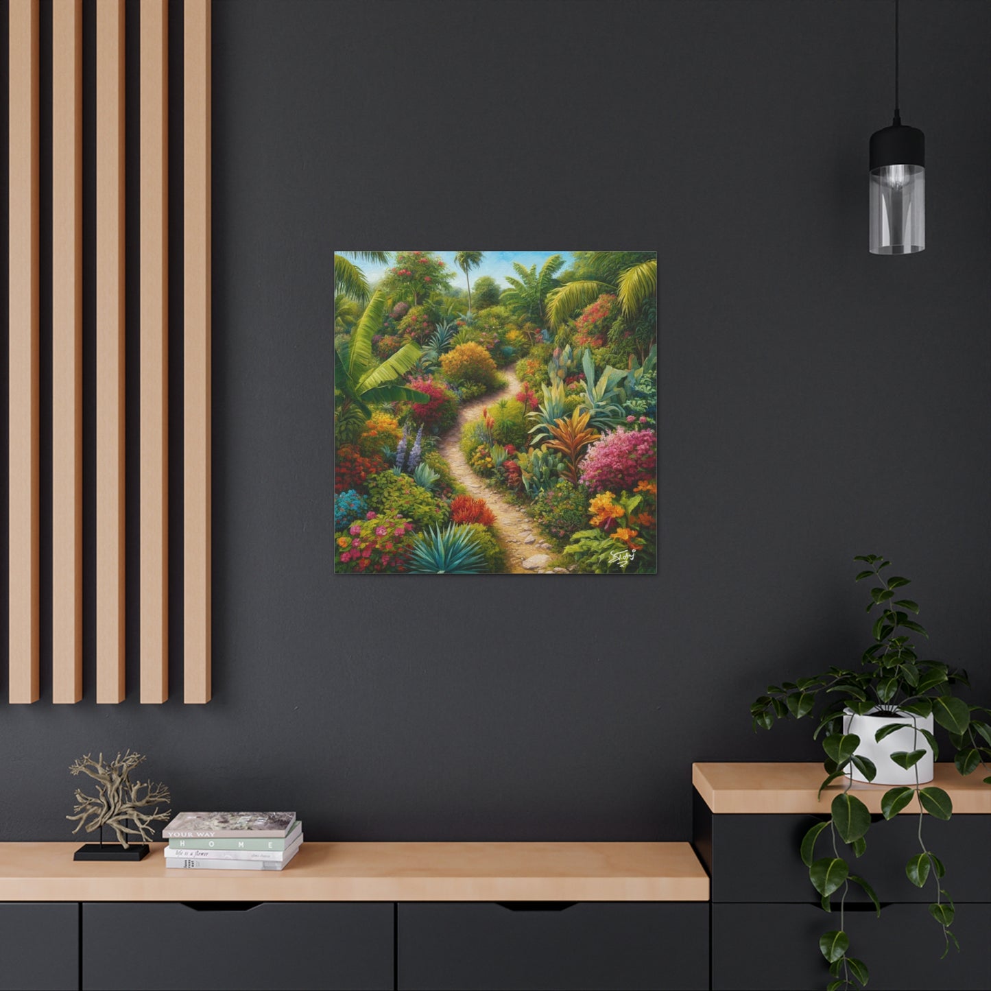 Art Print of Tropical Flower Garden, Oil Finish, West Indian Art, Canvas Gallery Wraps