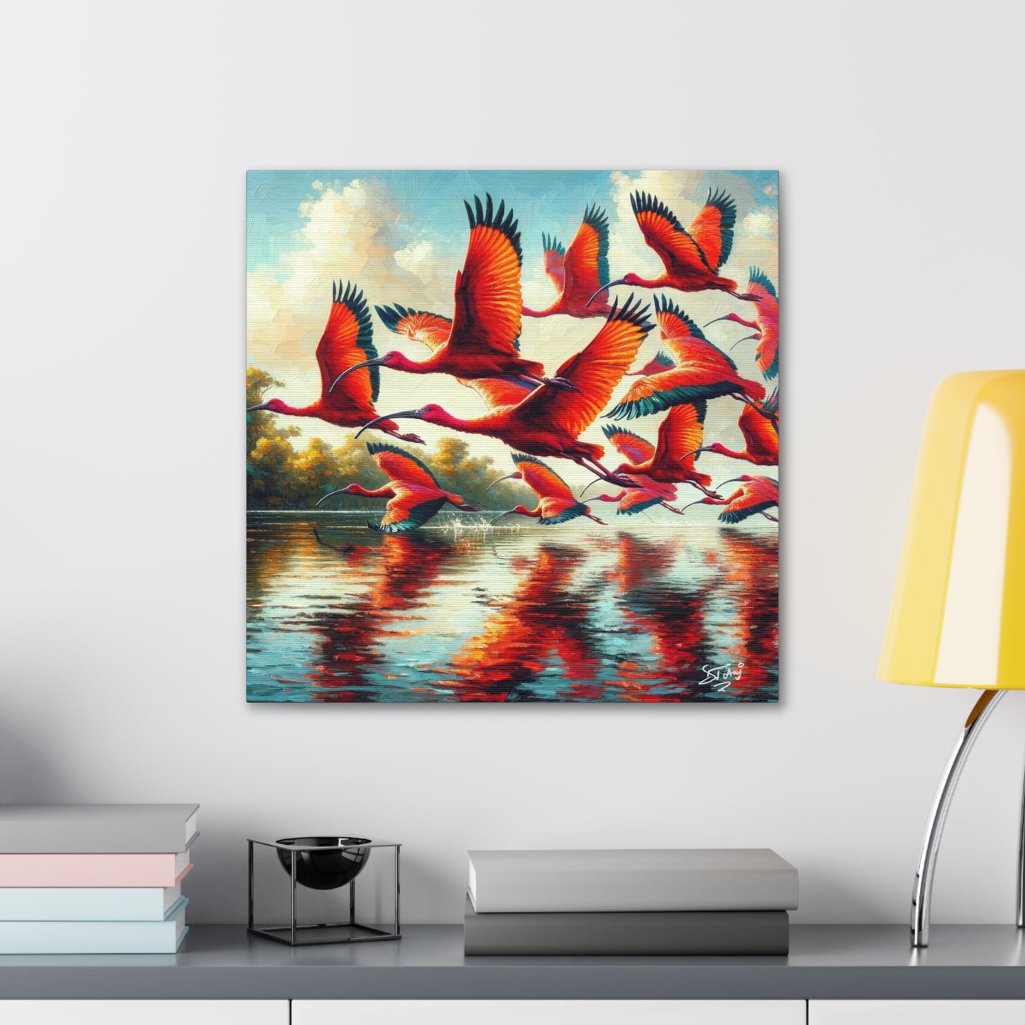 Art Print, Scarlet Ibises in flight, Oil Finish, Trinidad & Tobago, Caribbean, West Indian Art, Canvas Gallery Wraps