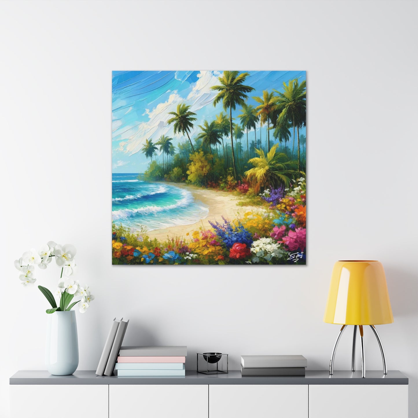 Art Print of Caribbean Beach Scene, Abstract, Oil Painting, West Indian Art, Canvas Gallery Wraps