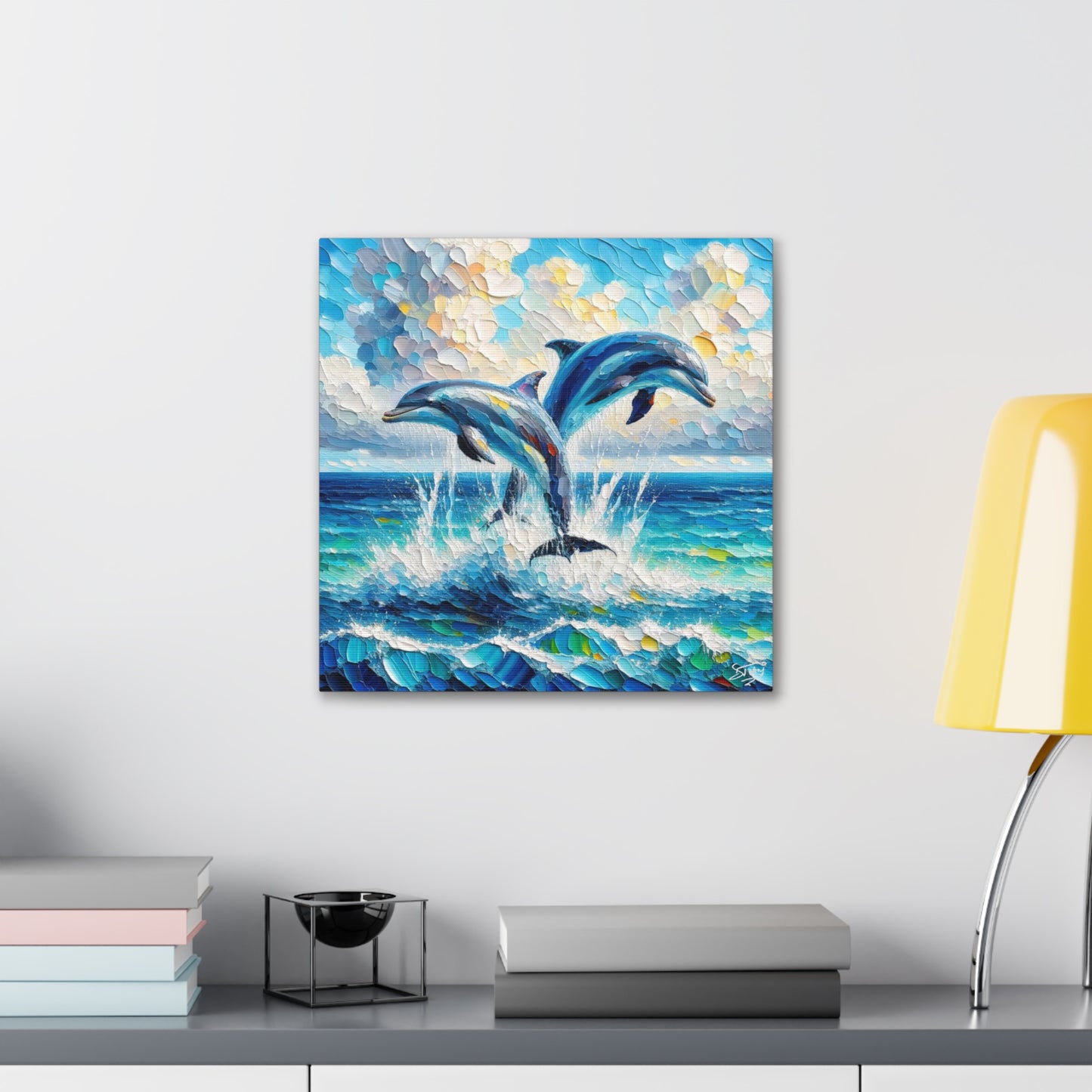 Art Print, Two Dolphins, Oil Finish, Caribbean Nature, Canvas Gallery Wrap