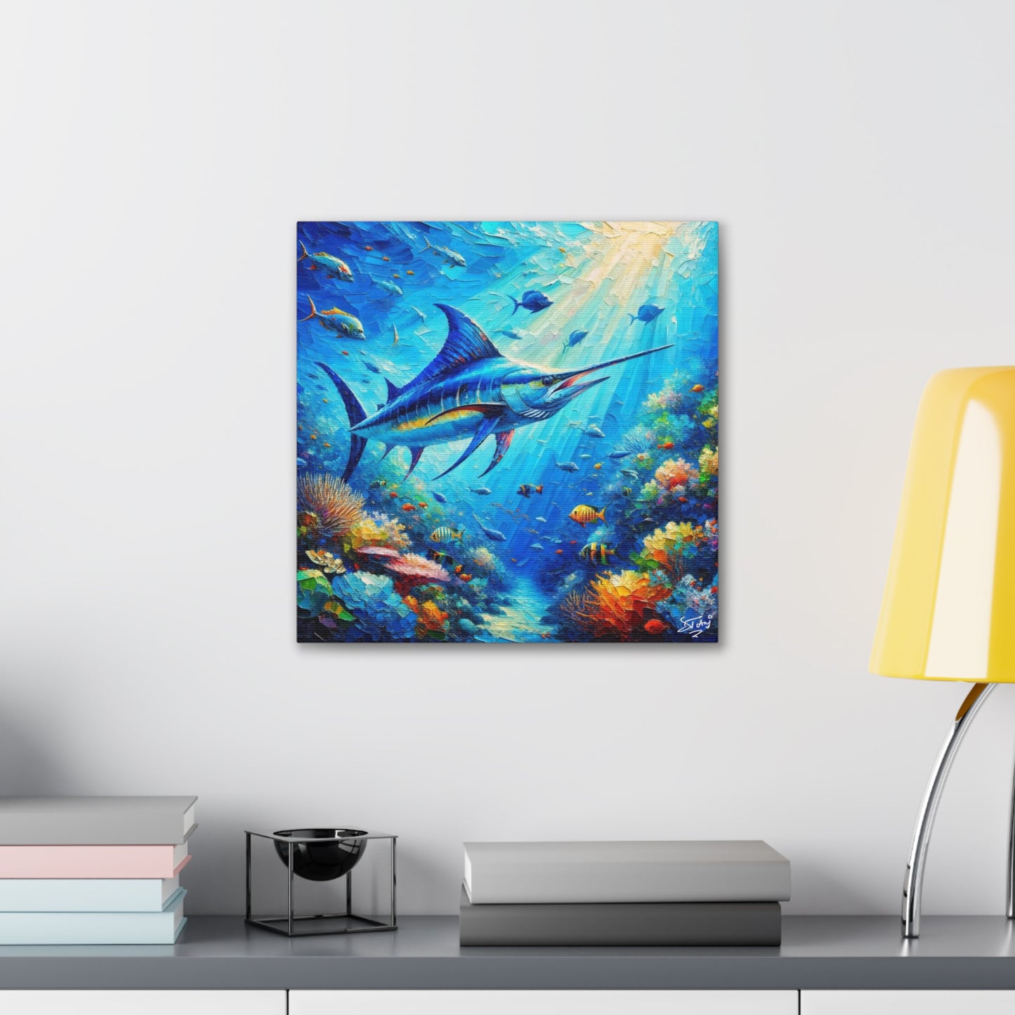 Art Print, Blue Marlin in Coral Reef, Oil Finish, Caribbean Nature, Semi-Abstract, Canvas Gallery Wrap