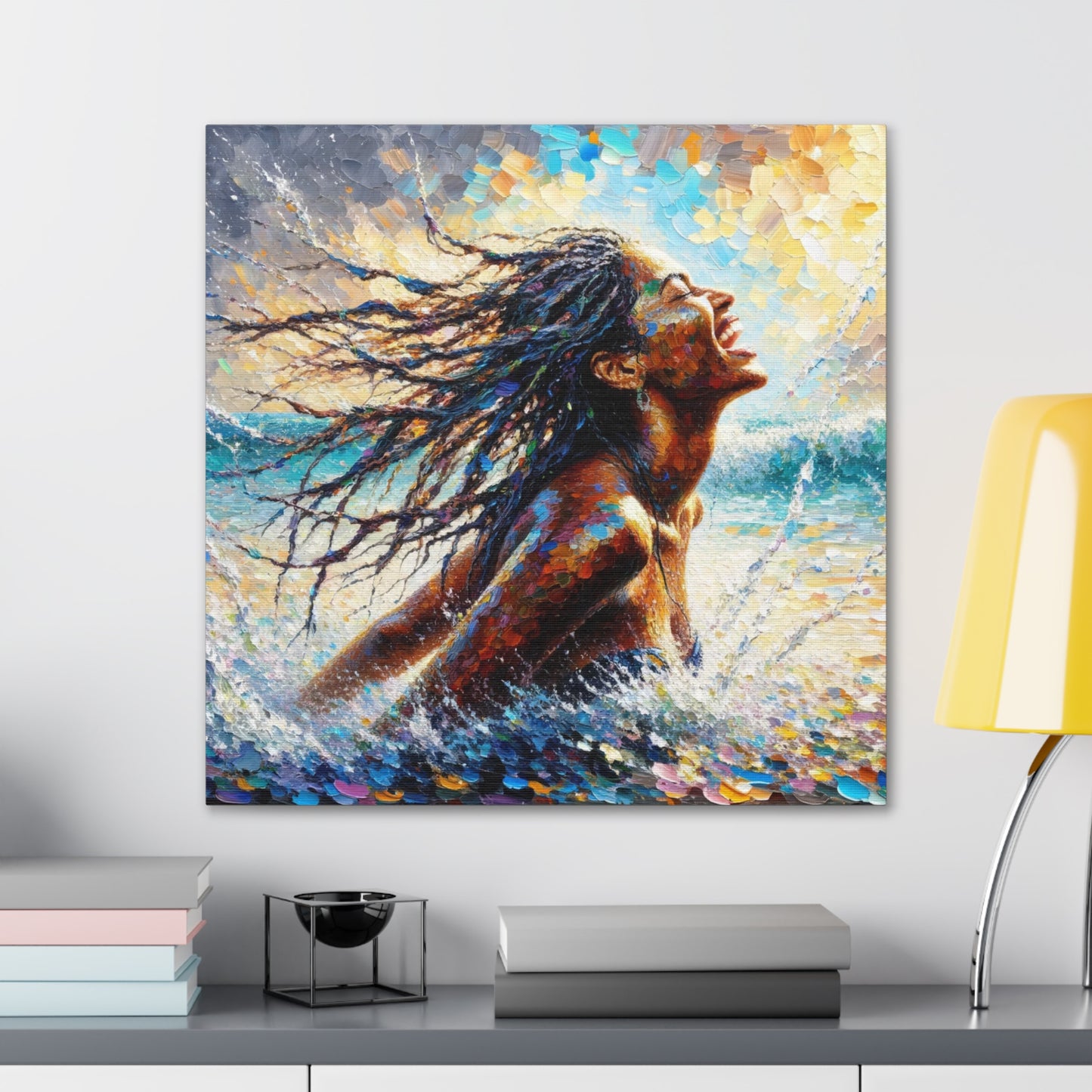 Art Print#2 of Dougla Woman's Exhilaration Captured - Joy, Laughter, Color, Caribbean Sea, Oil Finish, West Indian Art, Canvas Gallery Wraps