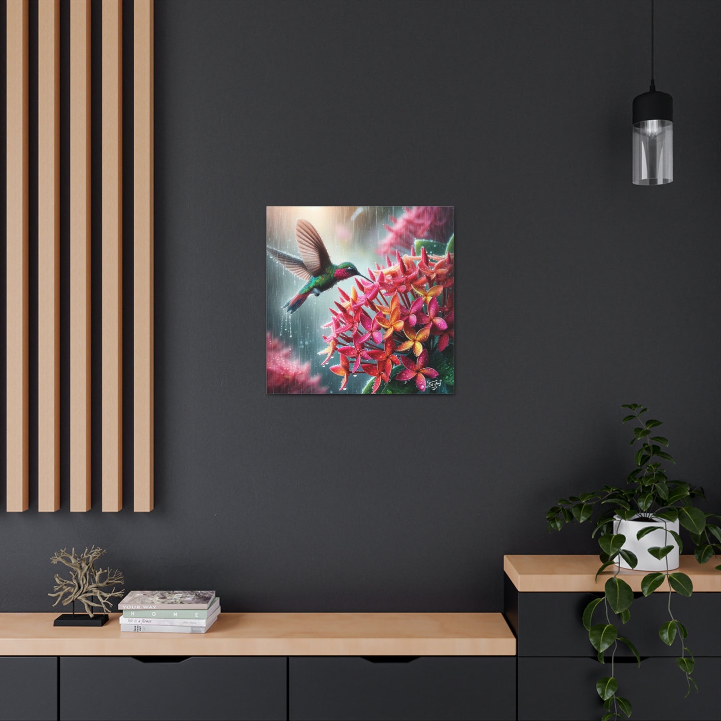 Print of Hummingbird in the Rain Hovering over Ixora Flower, Oil Paint Finish, Caribbean, Tropical, Canvas Gallery Wraps