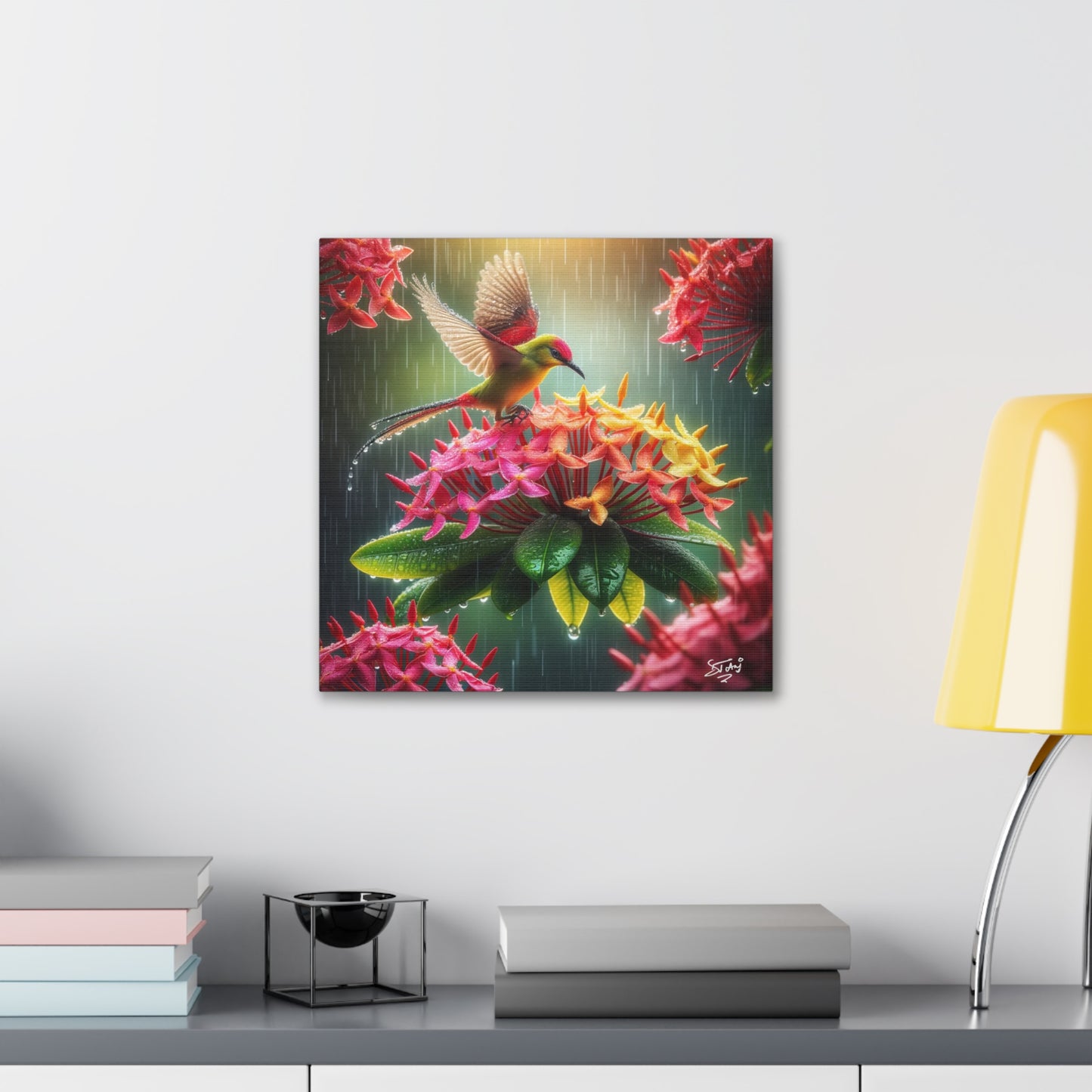 Print of Tropical Bird in the Rain Perched on Ixora Flower, Oil Paint Finish, Caribbean, Tropical, Canvas Gallery Wraps