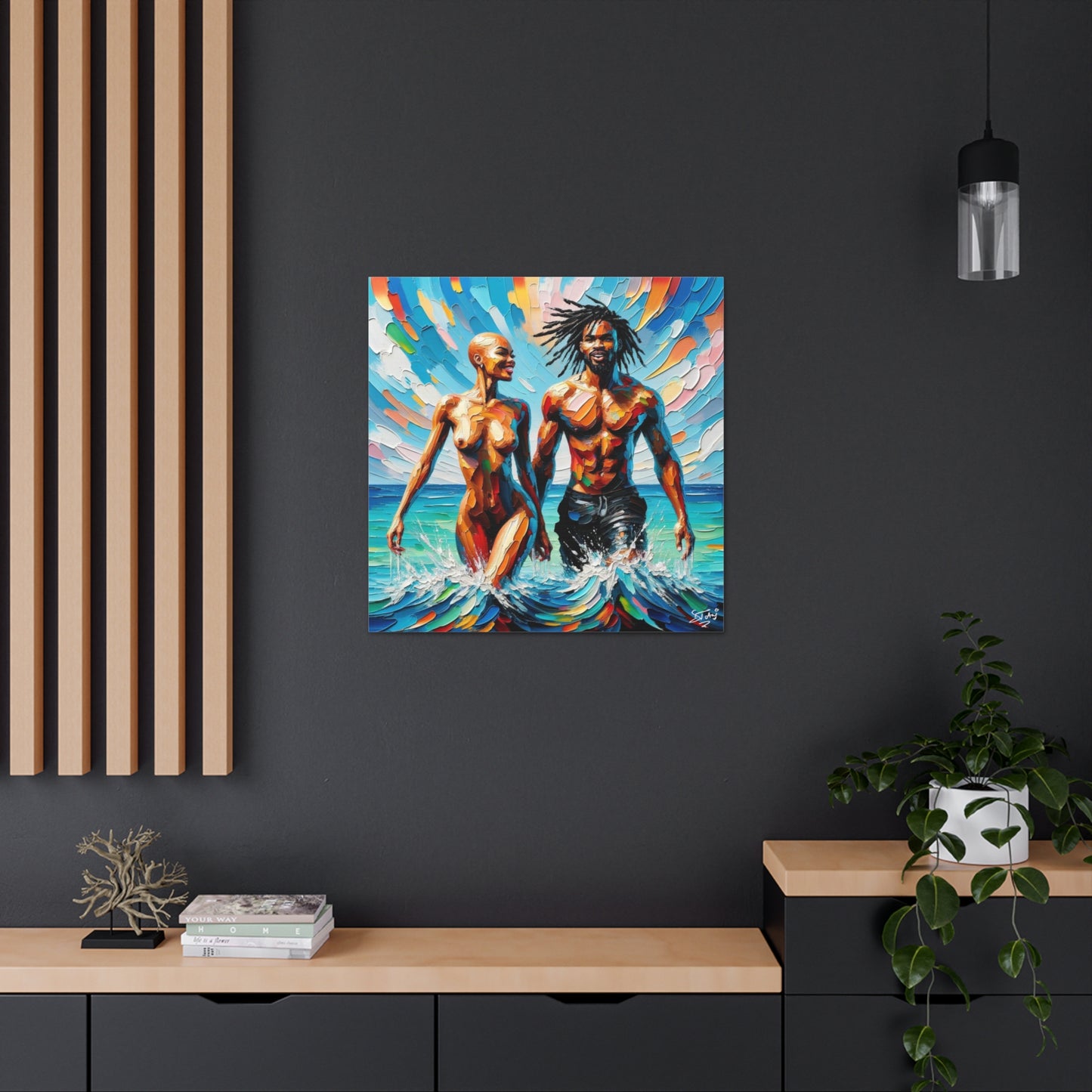 Art Print, Afro-Caribbean Couple in the Ocean, Oil Finish, West Indian Ethnicity, Cultural, Heritage, Semi-Abstract, Canvas Gallery Wrap