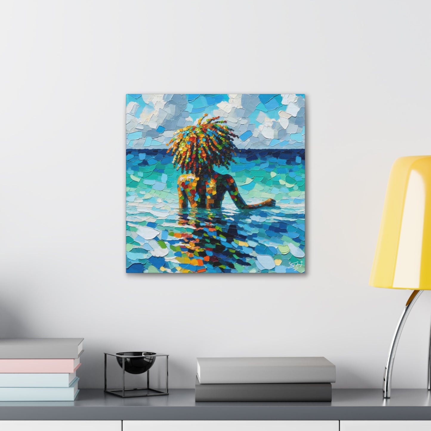 Art Print, Afro-Caribbean Woman, "Sea Bath" Oil Finish, West Indian Ethnicity, Cultural, Heritage, Abstract, Canvas Gallery Wrap