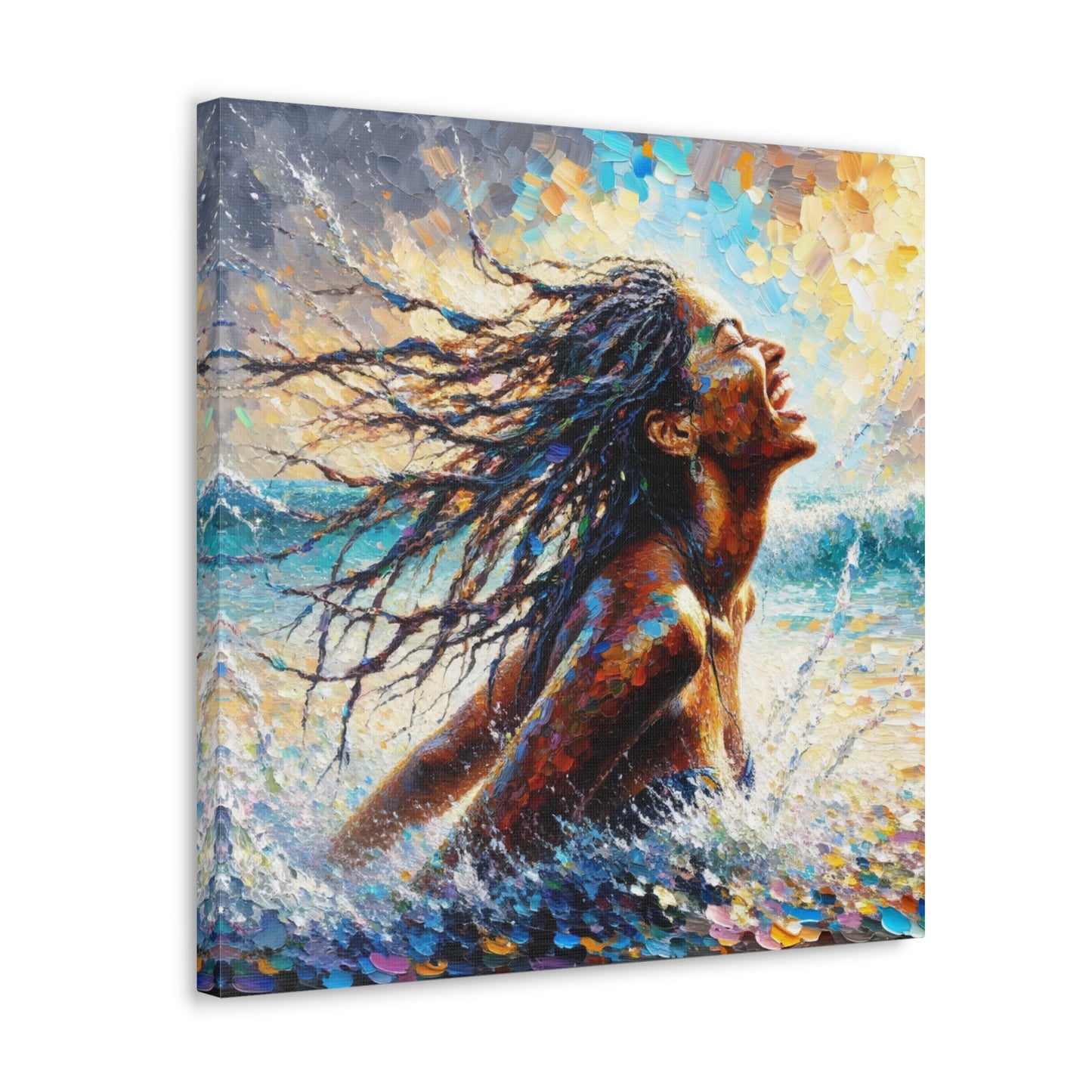 Art Print#2 of Dougla Woman's Exhilaration Captured - Joy, Laughter, Color, Caribbean Sea, Oil Finish, West Indian Art, Canvas Gallery Wraps