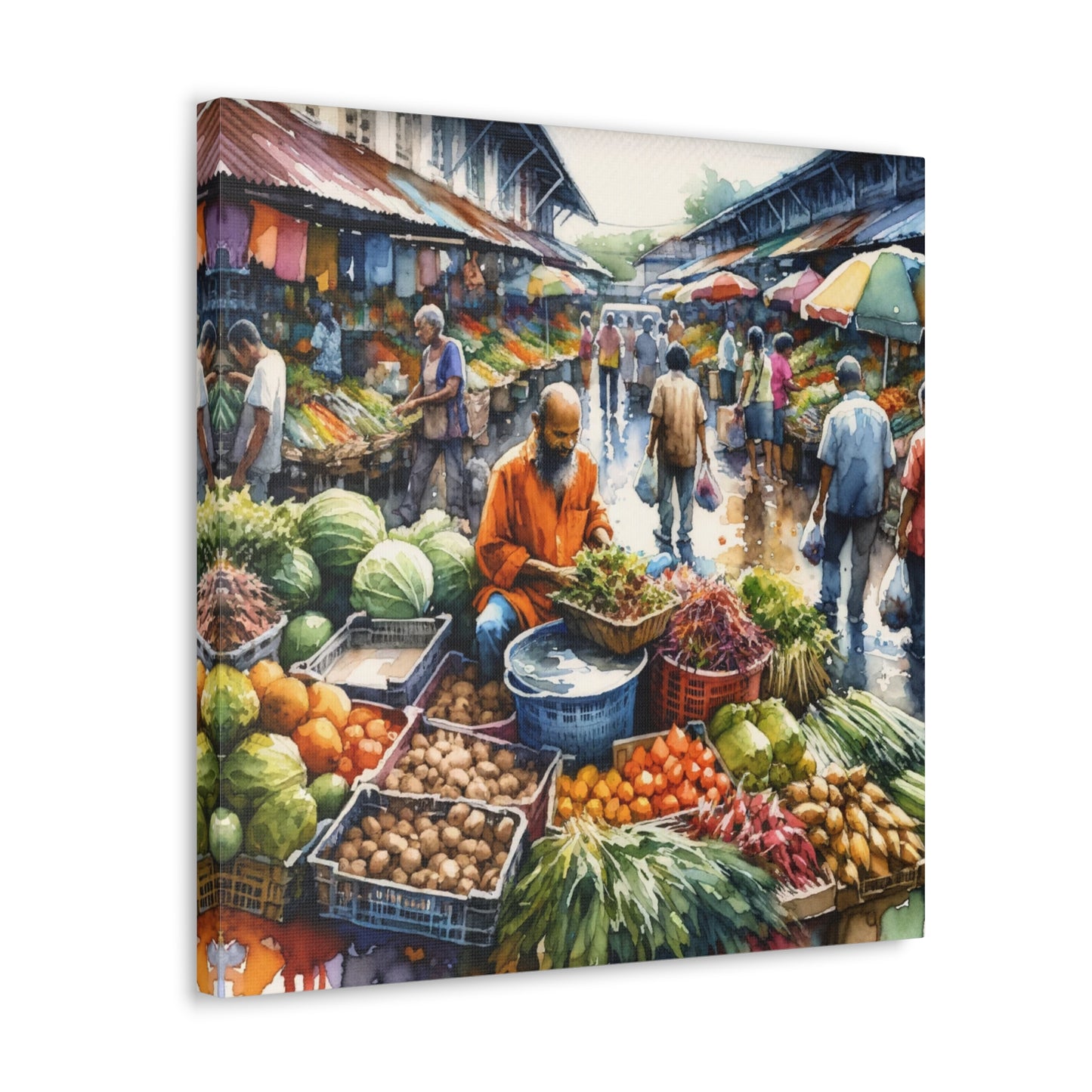 Art Print, "Selling at the Market", Market Scene in Trinidad, Caribbean, Watercolor Finish, West Indian Art, Canvas Gallery Wraps