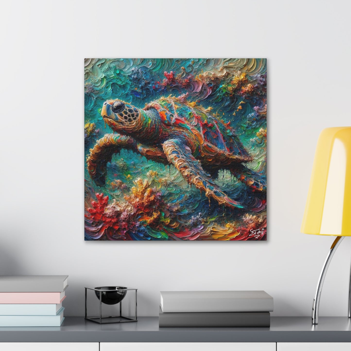 Art Print, Turtle in Reef, Oil Finish, Caribbean Nature, Cultural, Heritage, Semi-Abstract, Canvas Gallery Wrap