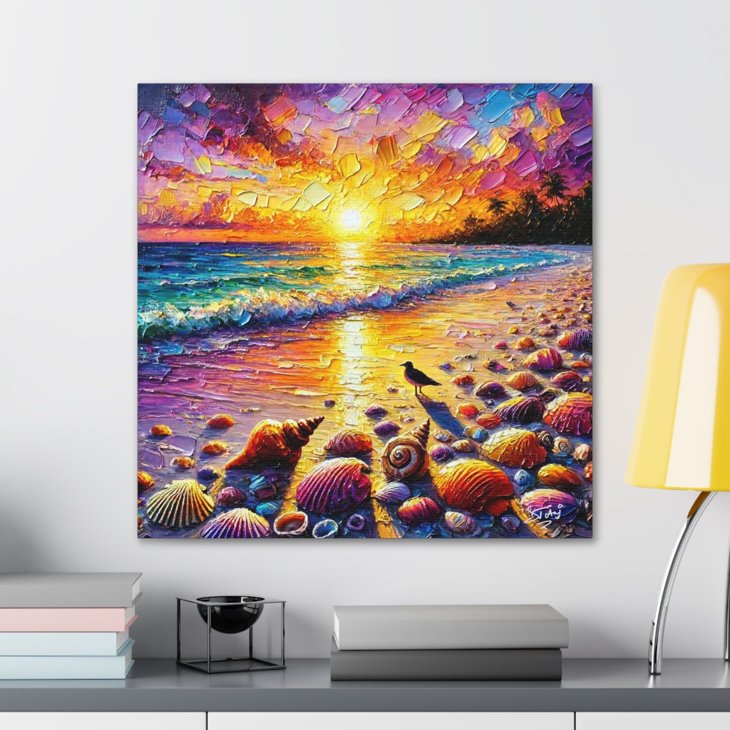 Art Print, Seashells on Caribbean Beach, Sunset, Semi-Abstract, Oil Painting, West Indian Art, Canvas Gallery Wraps