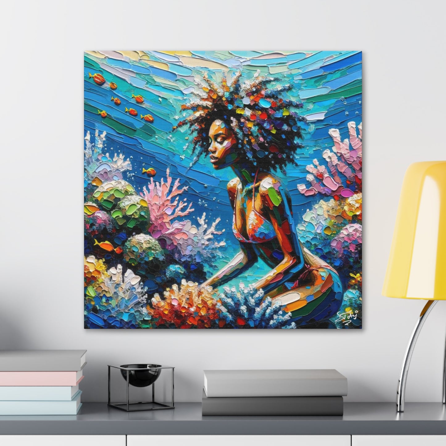 Art Print, Black Woman with Fishes in Coral Reef, Oil Finish, Caribbean Nature, Semi-Abstract, Canvas Gallery Wrap