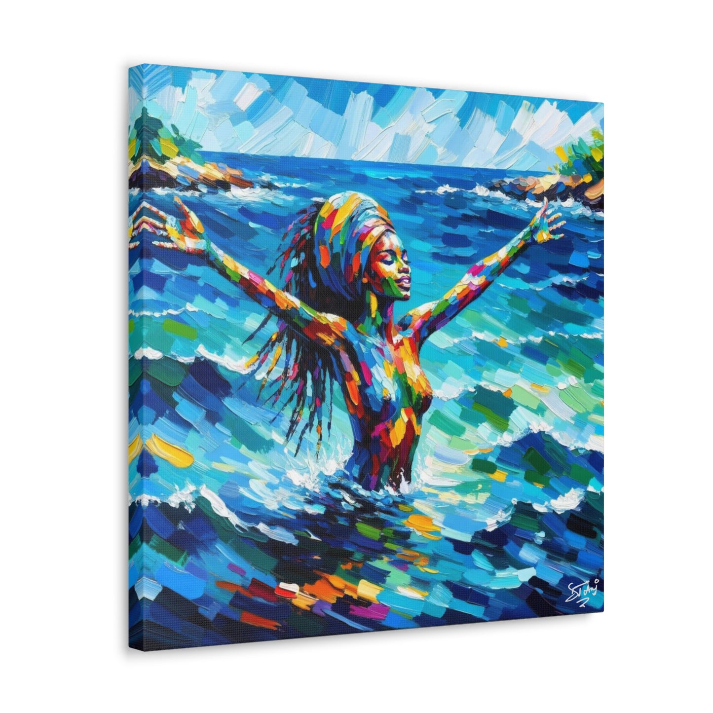 Art Print, Black Woman, Sea Bath, Oil Finish, Caribbean Nature, Semi-Abstract, Canvas Gallery Wrap