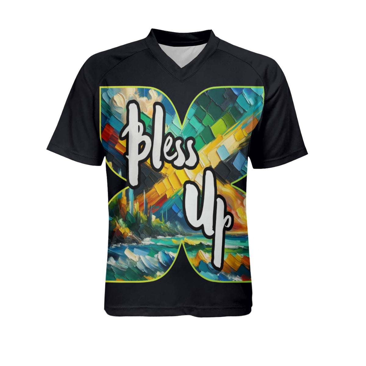 Men's V-Neck Polyester T-Shirt "Bless Up, Wah Gwaan"