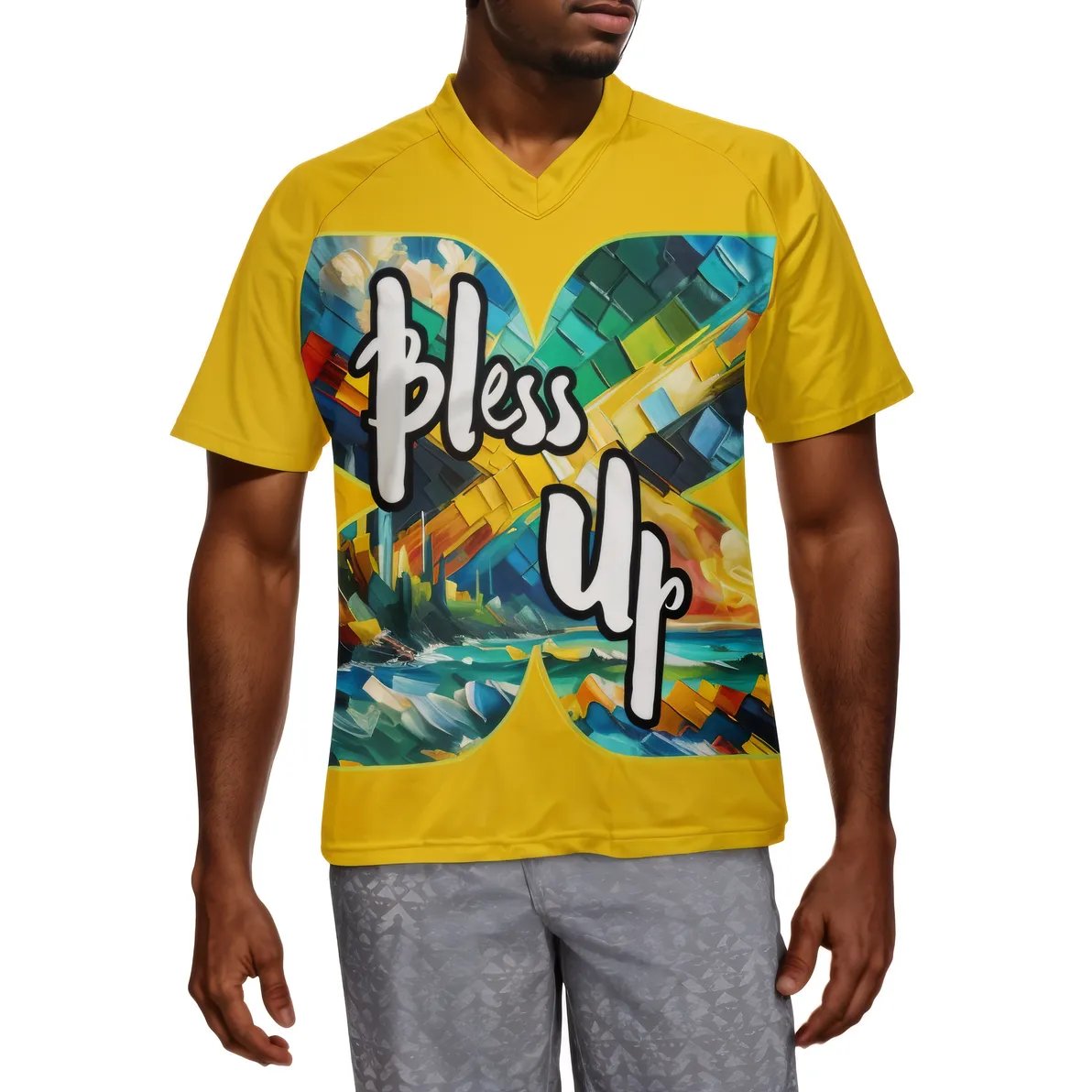 Men's V-Neck Polyester T-Shirt "Bless Up, Wah Gwaan"